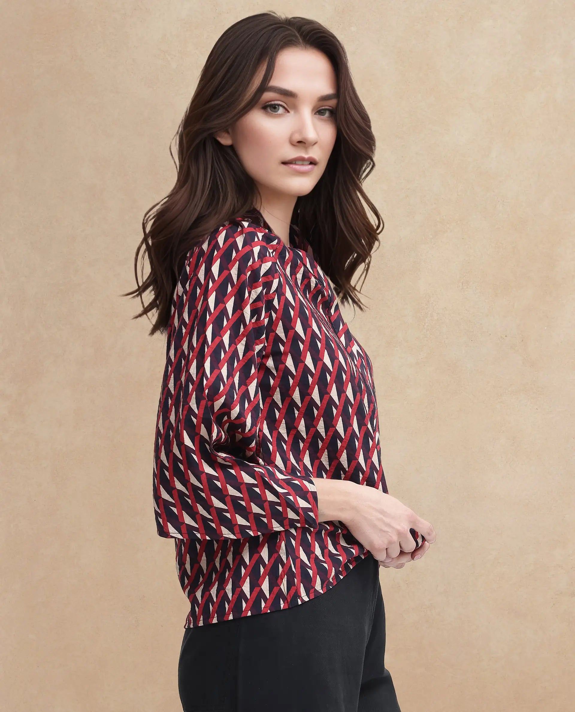 Rareism Women Palin Dark Multi Raglan Sleeves V-Neck Button Geometric Print Top