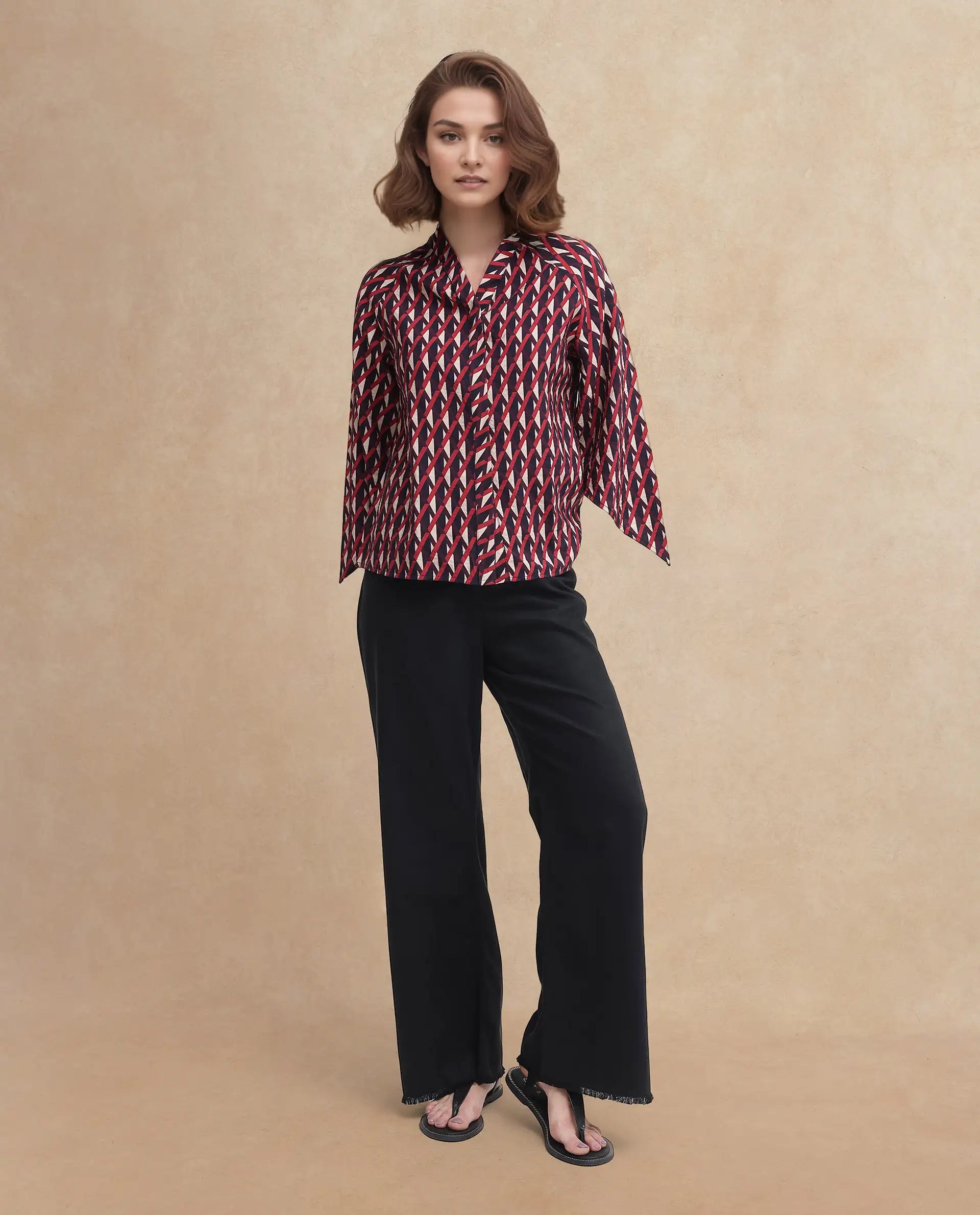 Rareism Women Palin Dark Multi Raglan Sleeves V-Neck Button Geometric Print Top