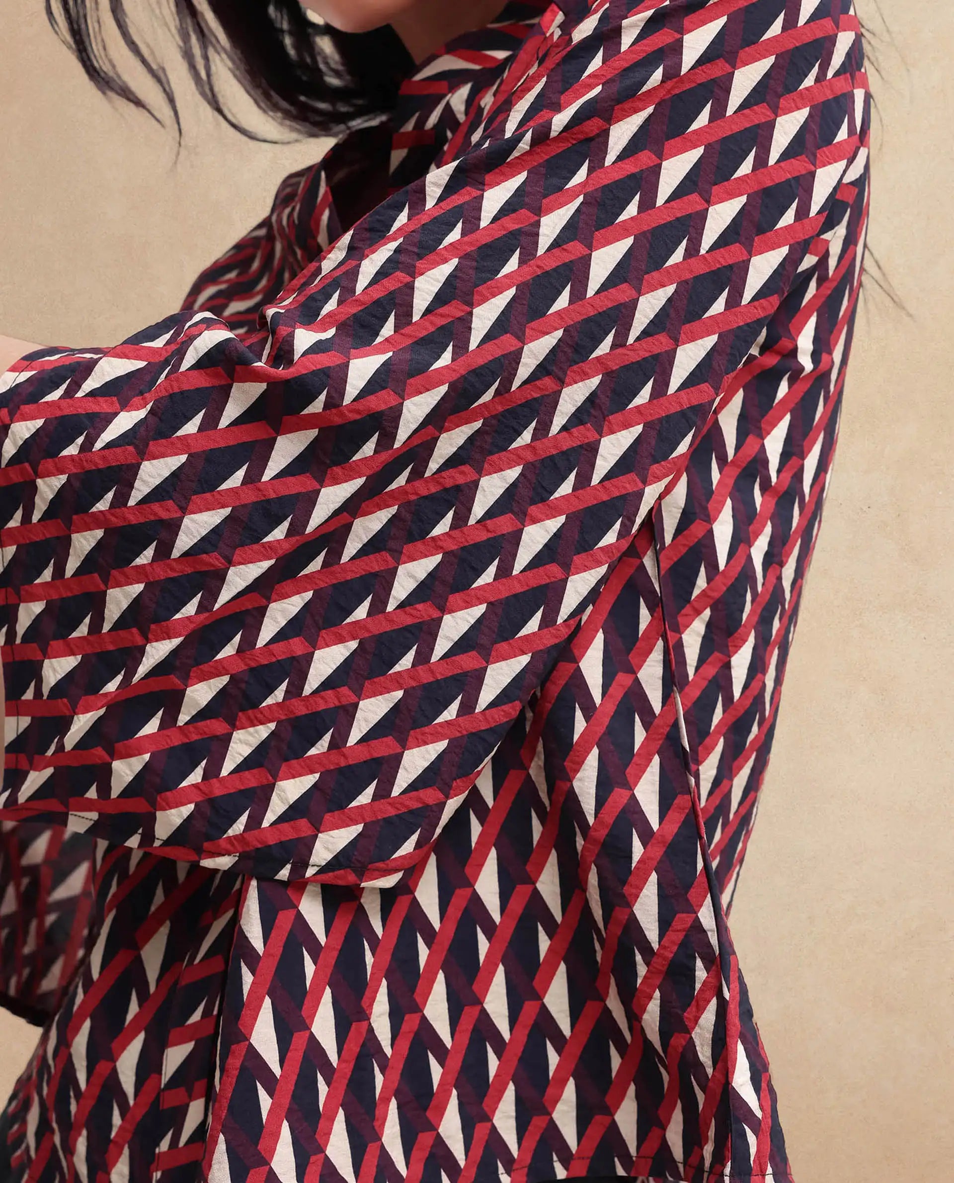 Rareism Women Palin Dark Multi Raglan Sleeves V-Neck Button Geometric Print Top