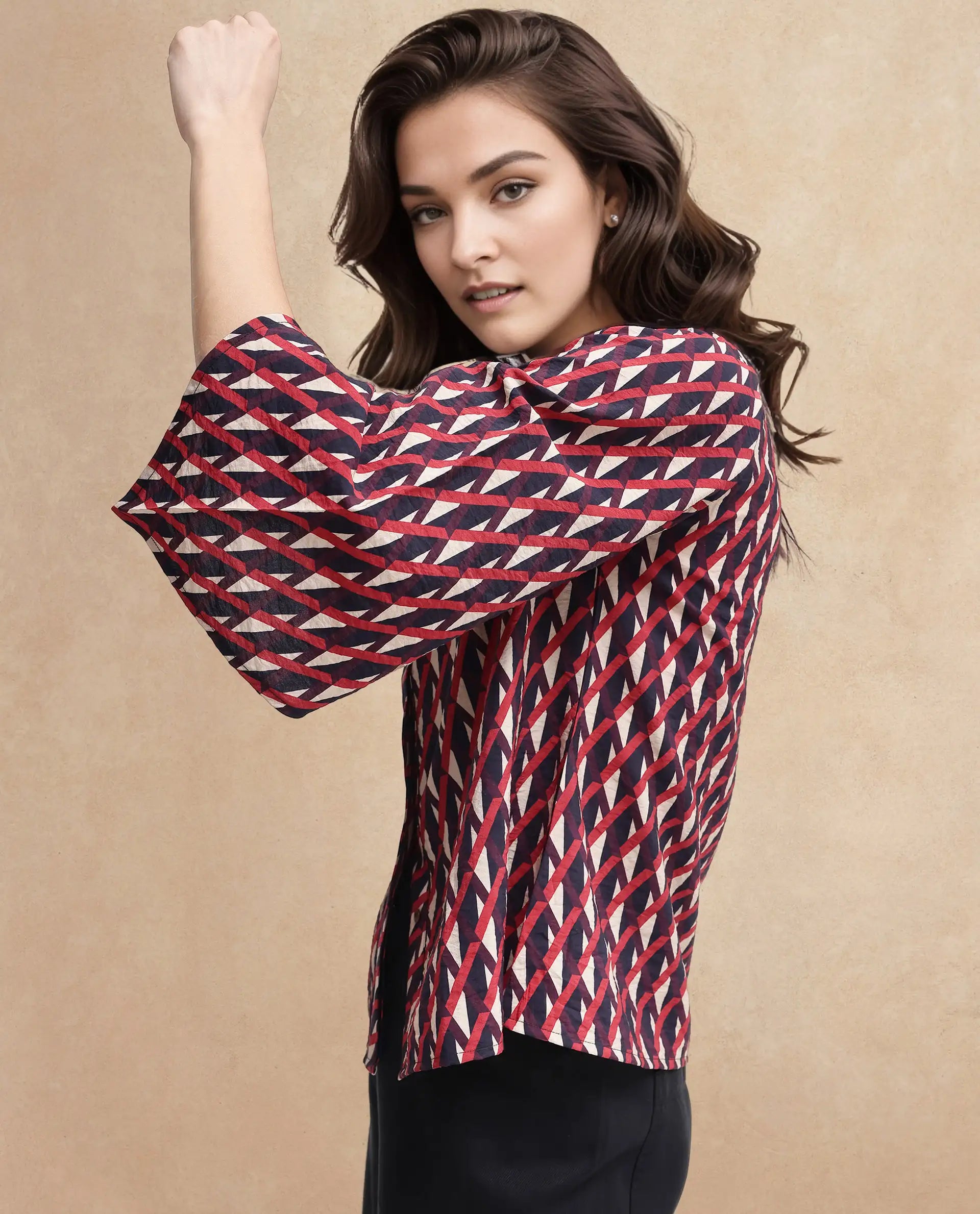 Rareism Women Palin Dark Multi Raglan Sleeves V-Neck Button Geometric Print Top