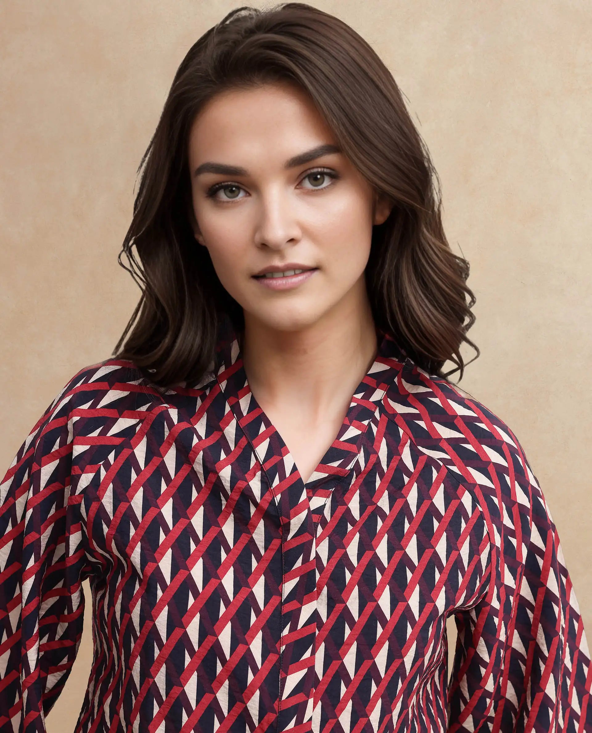 Rareism Women Palin Dark Multi Raglan Sleeves V-Neck Button Geometric Print Top