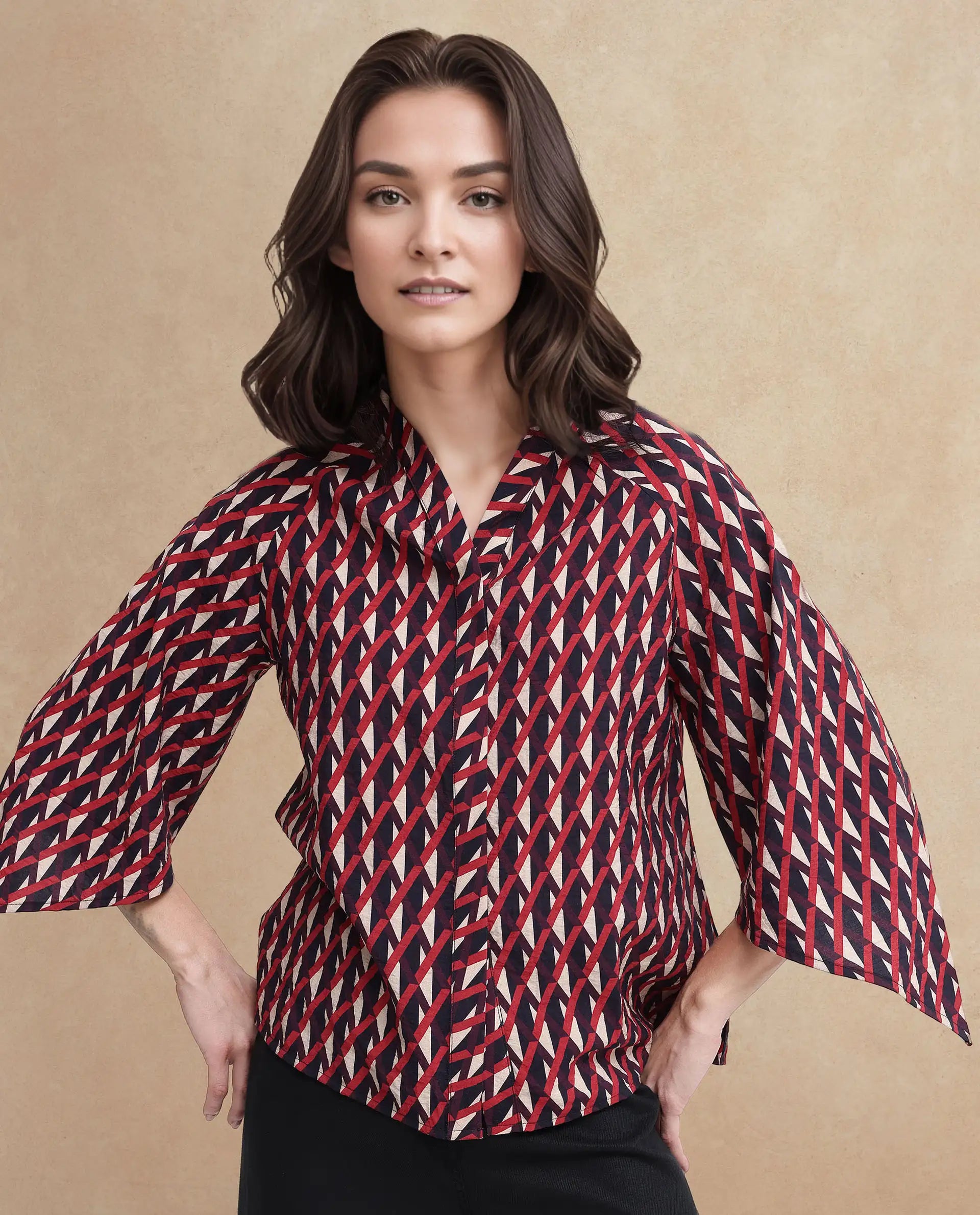 Rareism Women Palin Dark Multi Raglan Sleeves V-Neck Button Geometric Print Top