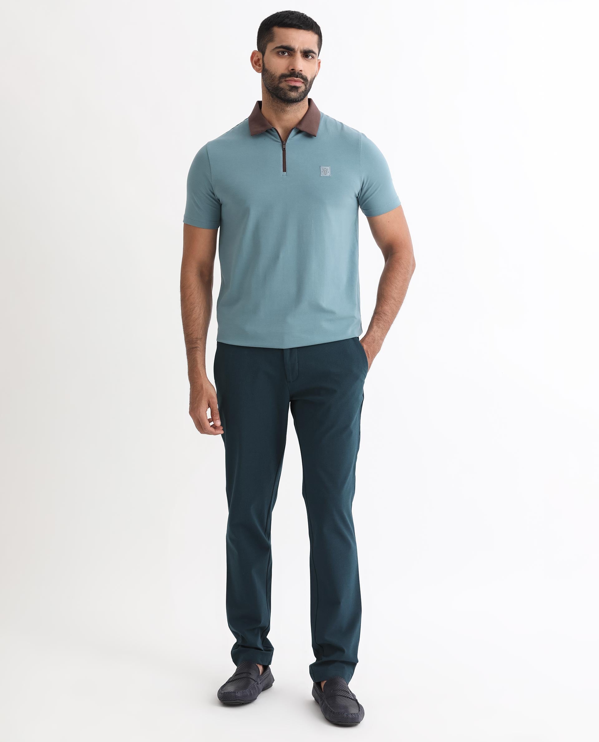 Rare Rabbit Men's Panet Dusky Blue Cotton Lycra Fabric Collared Neck Zipper Closure Half Sleeves Polo T-Shirt