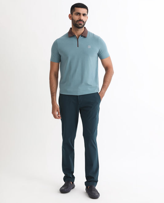 Rare Rabbit Men's Panet Dusky Blue Cotton Lycra Fabric Collared Neck Zipper Closure Half Sleeves Polo T-Shirt