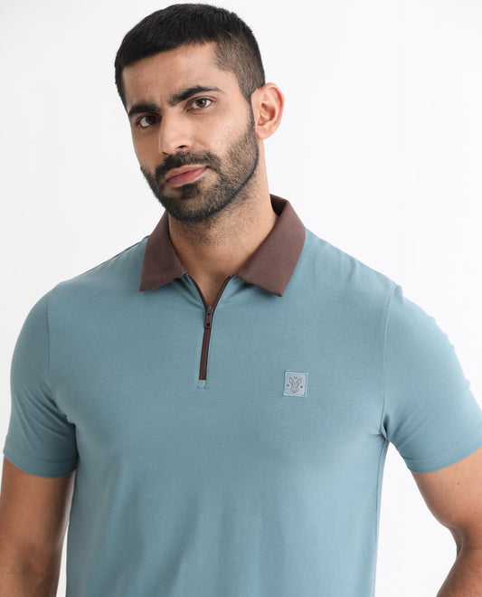 Rare Rabbit Men's Panet Dusky Blue Cotton Lycra Fabric Collared Neck Zipper Closure Half Sleeves Polo T-Shirt
