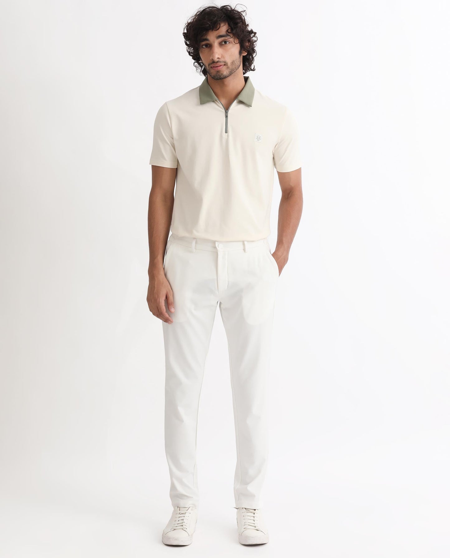 Rare Rabbit Men's Panet Off White Cotton Lycra Fabric Collared Neck Zipper Closure Half Sleeves Polo T-Shirt