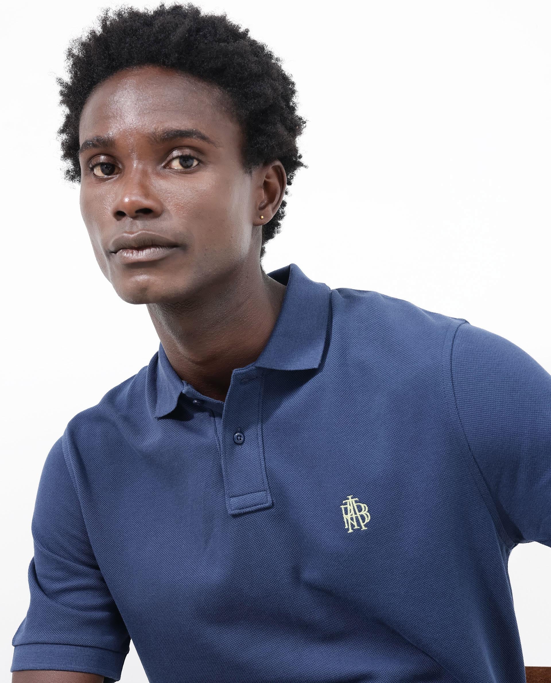 Rare Rabbit Mens Pare Blue Short Sleeve Regular Fit Solid Polo T-Shirt
