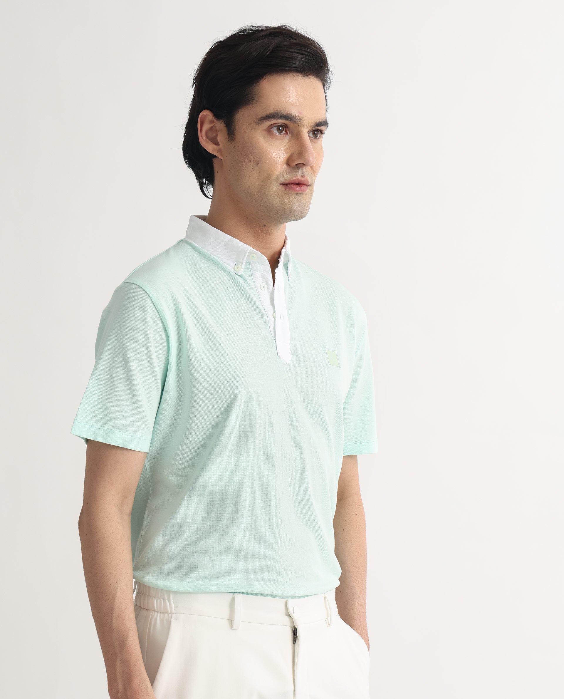 Rare Rabbit Men's Parma Pastel Green Cotton Fabric Contrasting Collared Neck Half Sleeve Polo T-Shirt
