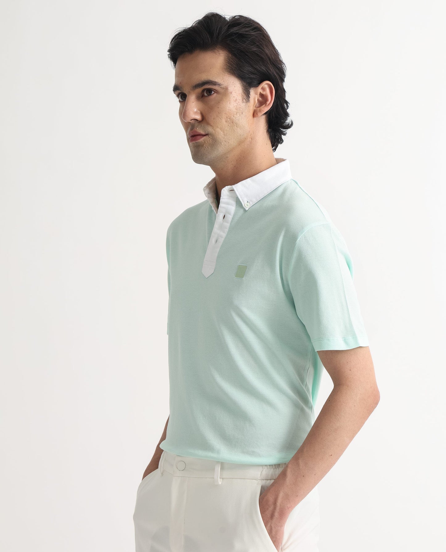 Rare Rabbit Men's Parma Pastel Green Cotton Fabric Contrasting Collared Neck Half Sleeve Polo T-Shirt