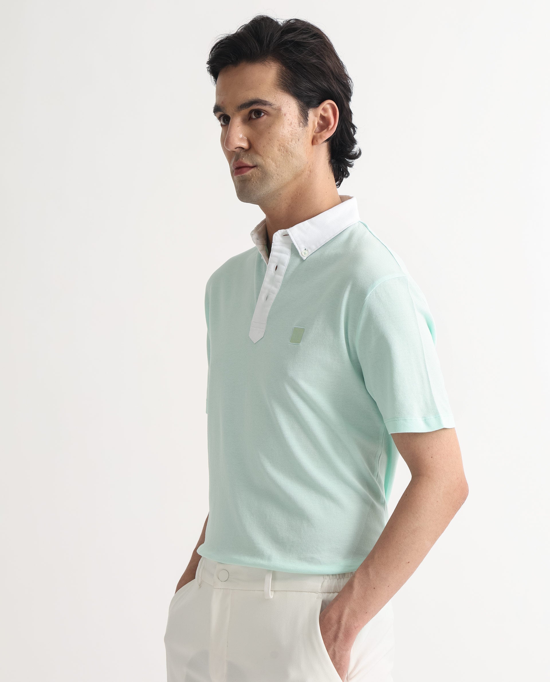 Rare Rabbit Men's Parma Pastel Green Cotton Fabric Contrasting Collared Neck Half Sleeve Polo T-Shirt