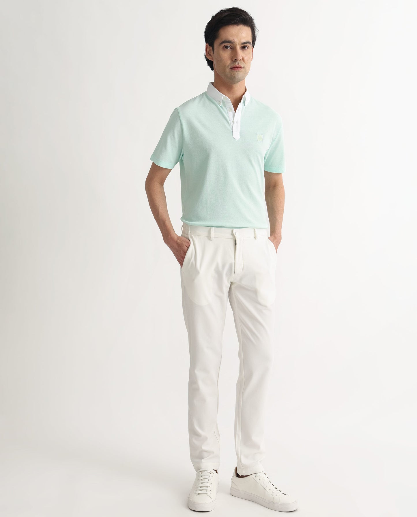 Rare Rabbit Men's Parma Pastel Green Cotton Fabric Contrasting Collared Neck Half Sleeve Polo T-Shirt