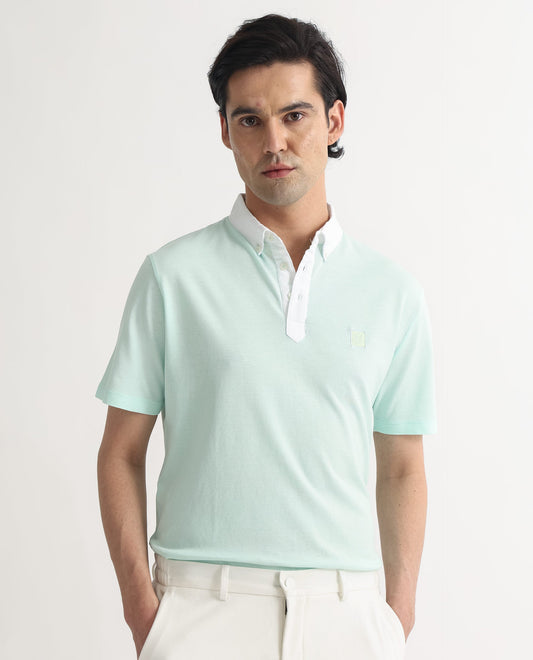 Rare Rabbit Men's Parma Pastel Green Cotton Fabric Contrasting Collared Neck Half Sleeve Polo T-Shirt