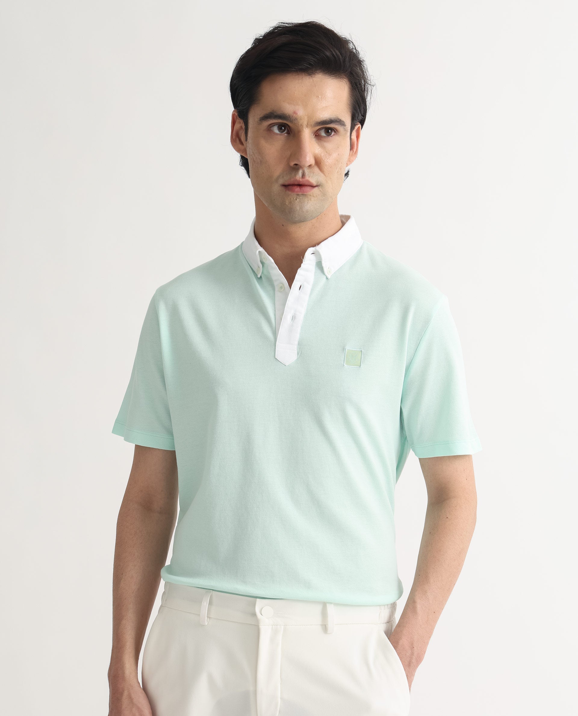 Rare Rabbit Men's Parma Pastel Green Cotton Fabric Contrasting Collared Neck Half Sleeve Polo T-Shirt