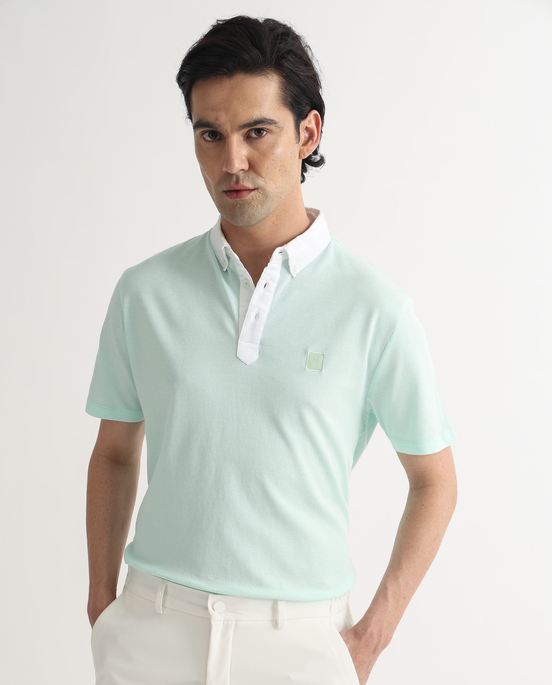 Rare Rabbit Men's Parma Pastel Green Cotton Fabric Contrasting Collared Neck Half Sleeve Polo T-Shirt