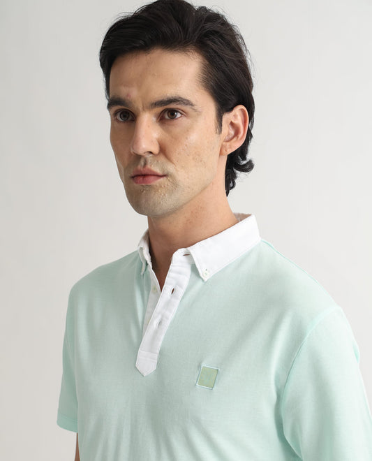 Rare Rabbit Men's Parma Pastel Green Cotton Fabric Contrasting Collared Neck Half Sleeve Polo T-Shirt
