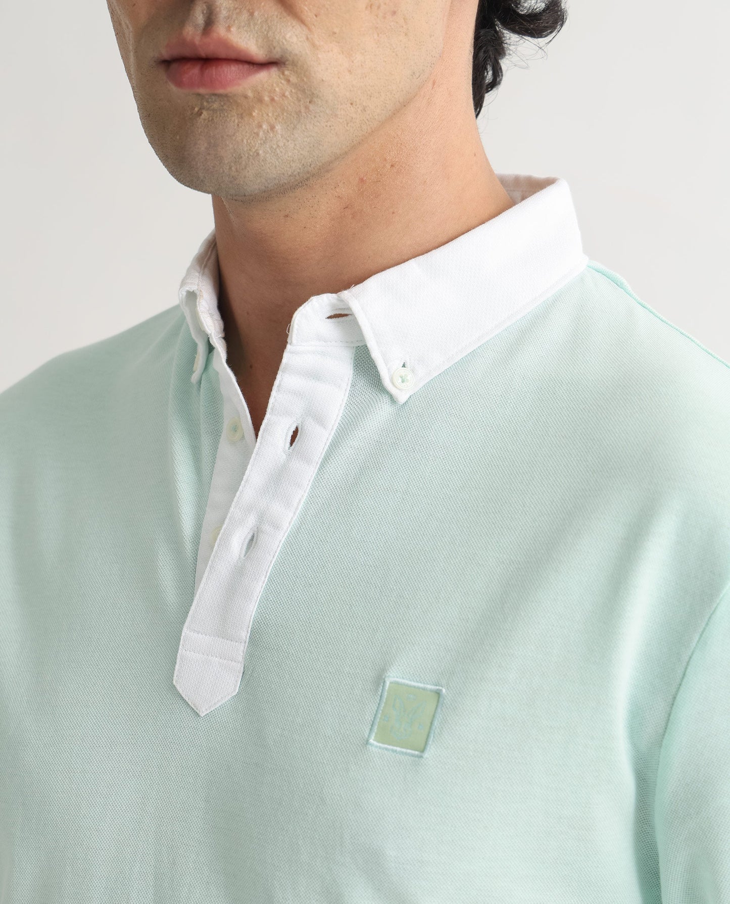 Rare Rabbit Men's Parma Pastel Green Cotton Fabric Contrasting Collared Neck Half Sleeve Polo T-Shirt