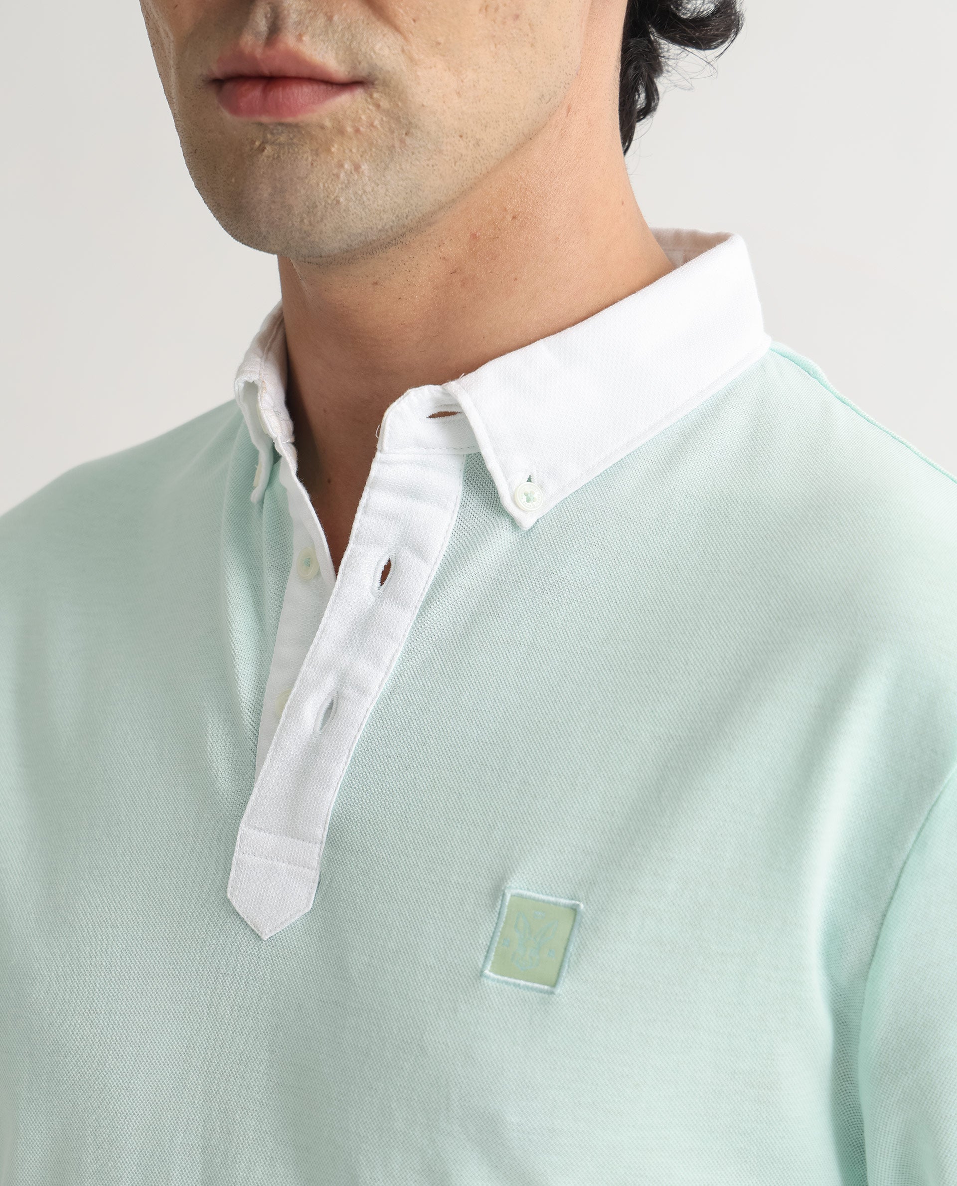 Rare Rabbit Men's Parma Pastel Green Cotton Fabric Contrasting Collared Neck Half Sleeve Polo T-Shirt