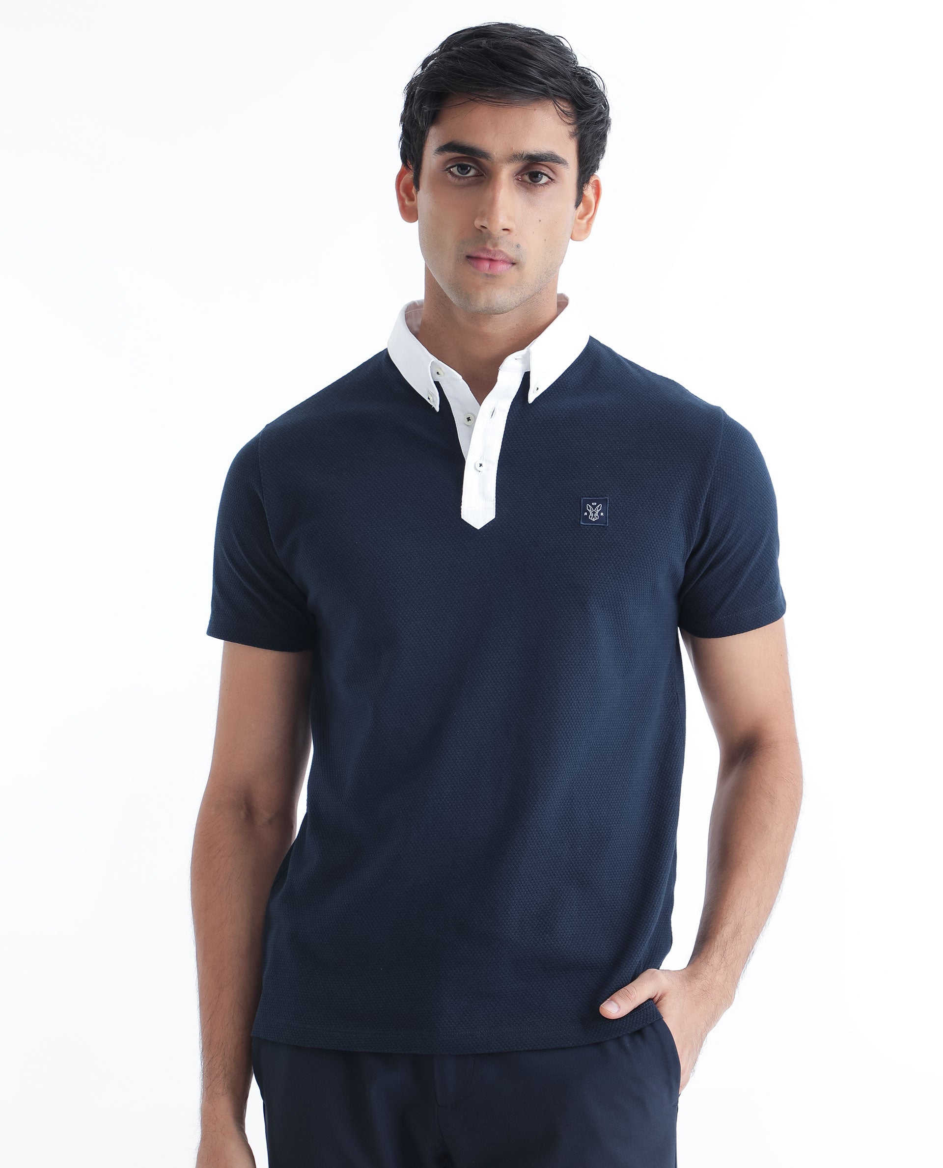 Rare Rabbit Men's Parmat Navy Cotton Fabric Collared Neck Half Sleeves Woven Textured Popcorn Polo T-Shirt