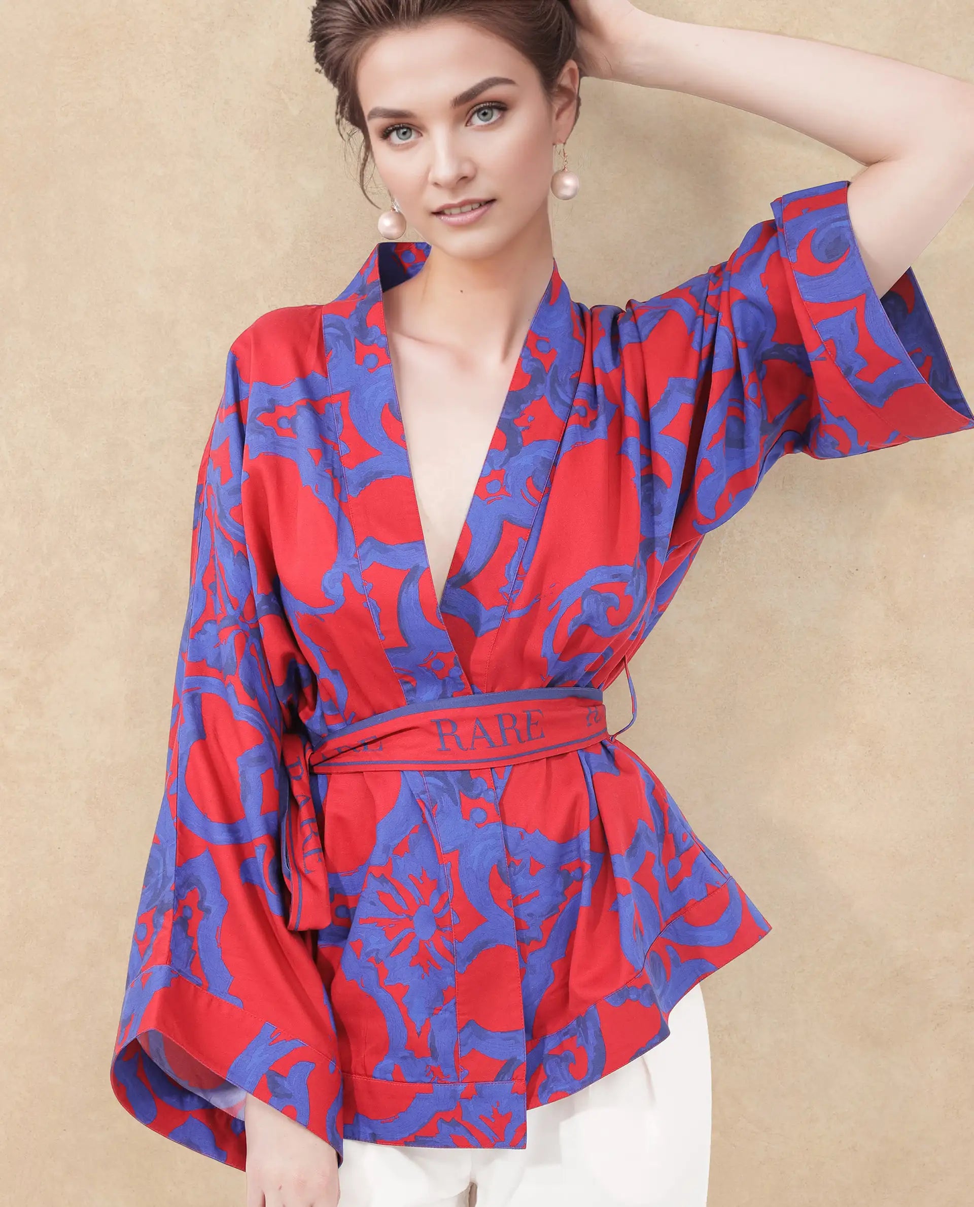 Rareism Women Pavell Red Cotton Fabric Full Sleeve Collared Neck Floral Print Regular Length Top