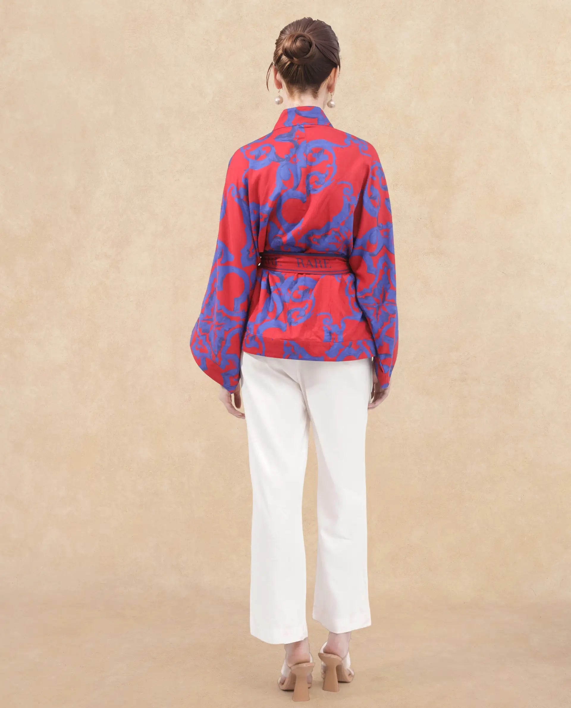 Rareism Women Pavell Red Cotton Fabric Full Sleeve Collared Neck Floral Print Regular Length Top