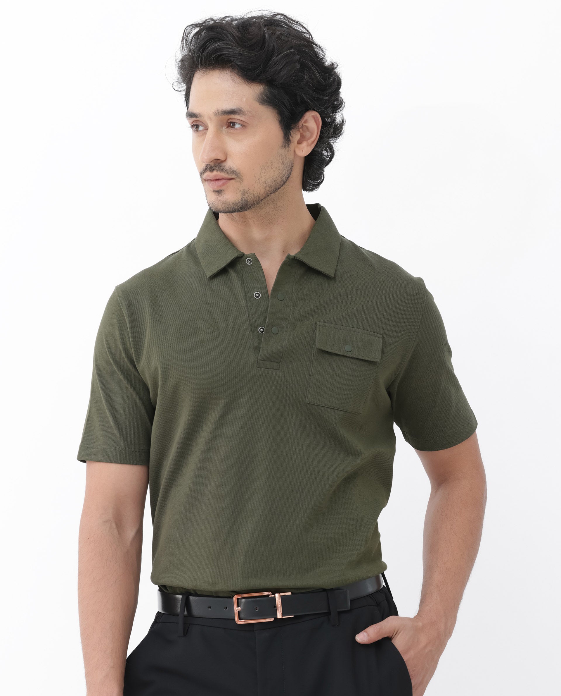 Rare Rabbit Mens Paxton Olive Short Sleeve Snap Button Closure Solid Polo T-Shirt