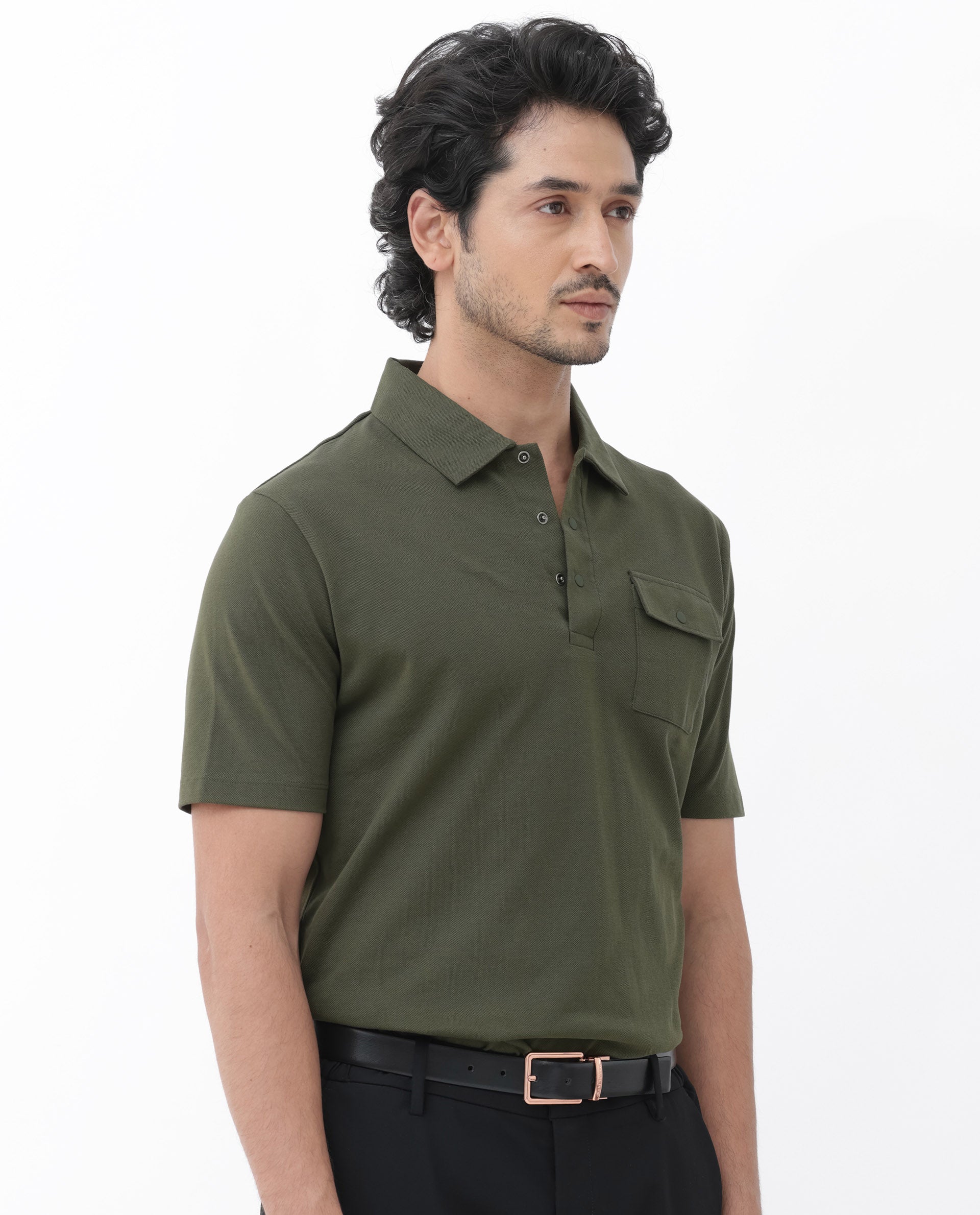 Rare Rabbit Mens Paxton Olive Short Sleeve Snap Button Closure Solid Polo T-Shirt