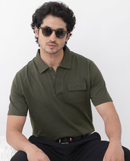 Rare Rabbit Mens Paxton Olive Short Sleeve Snap Button Closure Solid Polo T-Shirt