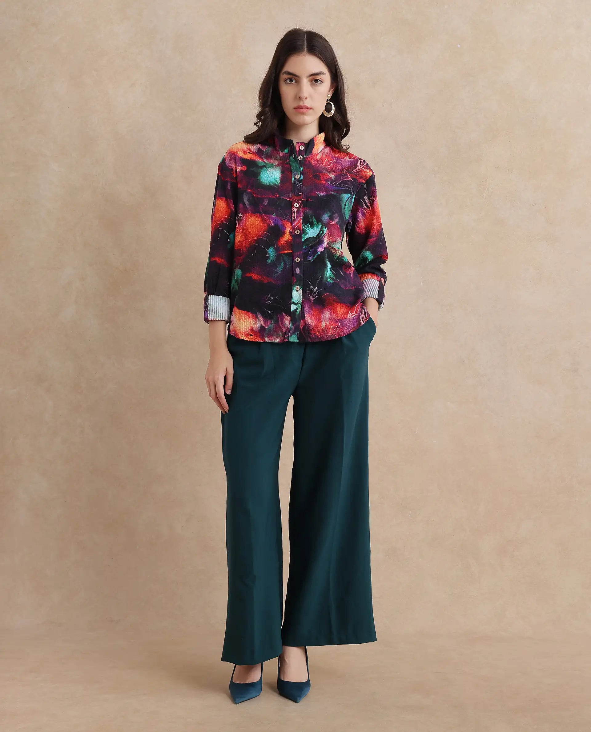 Rareism Women Peptid Multi Cuffed Sleeve Collared Neck Button Closure Abstract Print Top