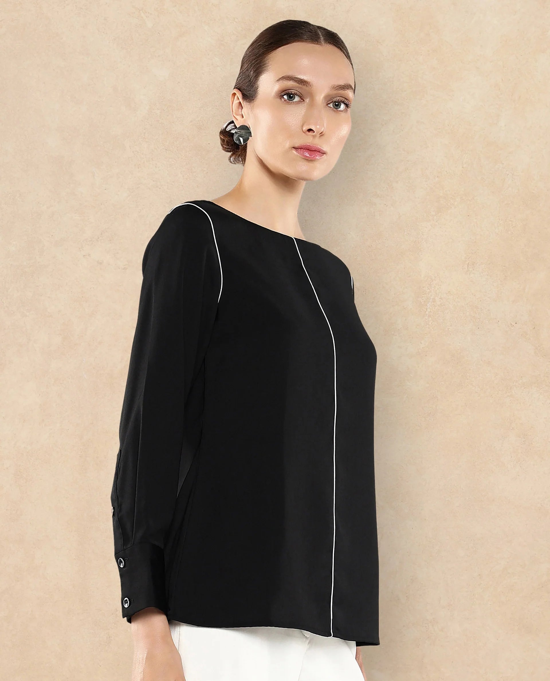 Rareism Women Pidet Black Satin Cuffed Sleeves Boat Neck Button Closure Plain Top