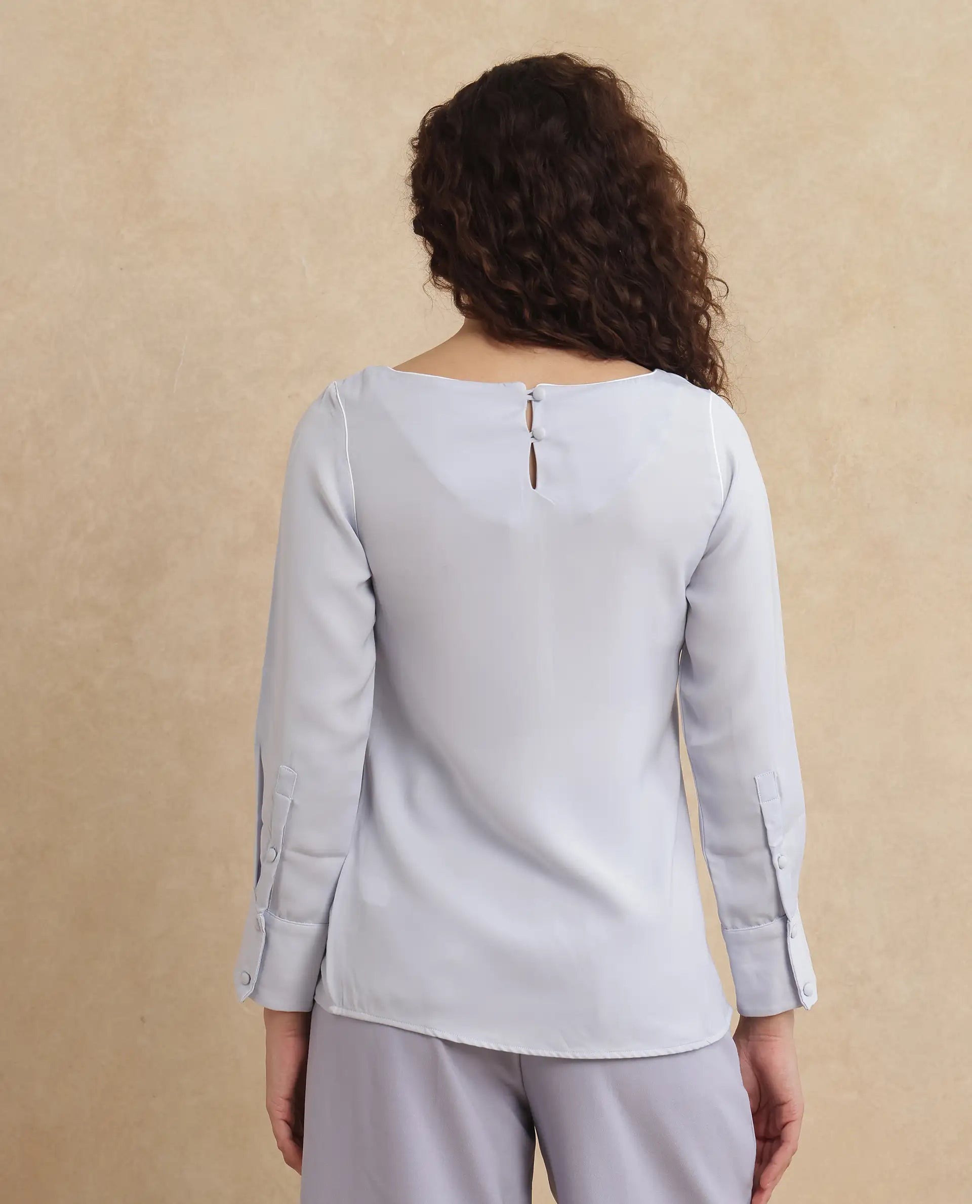 Rareism Women Pidet Blue Satin Cuffed Sleeves Boat Neck Button Closure Plain Top