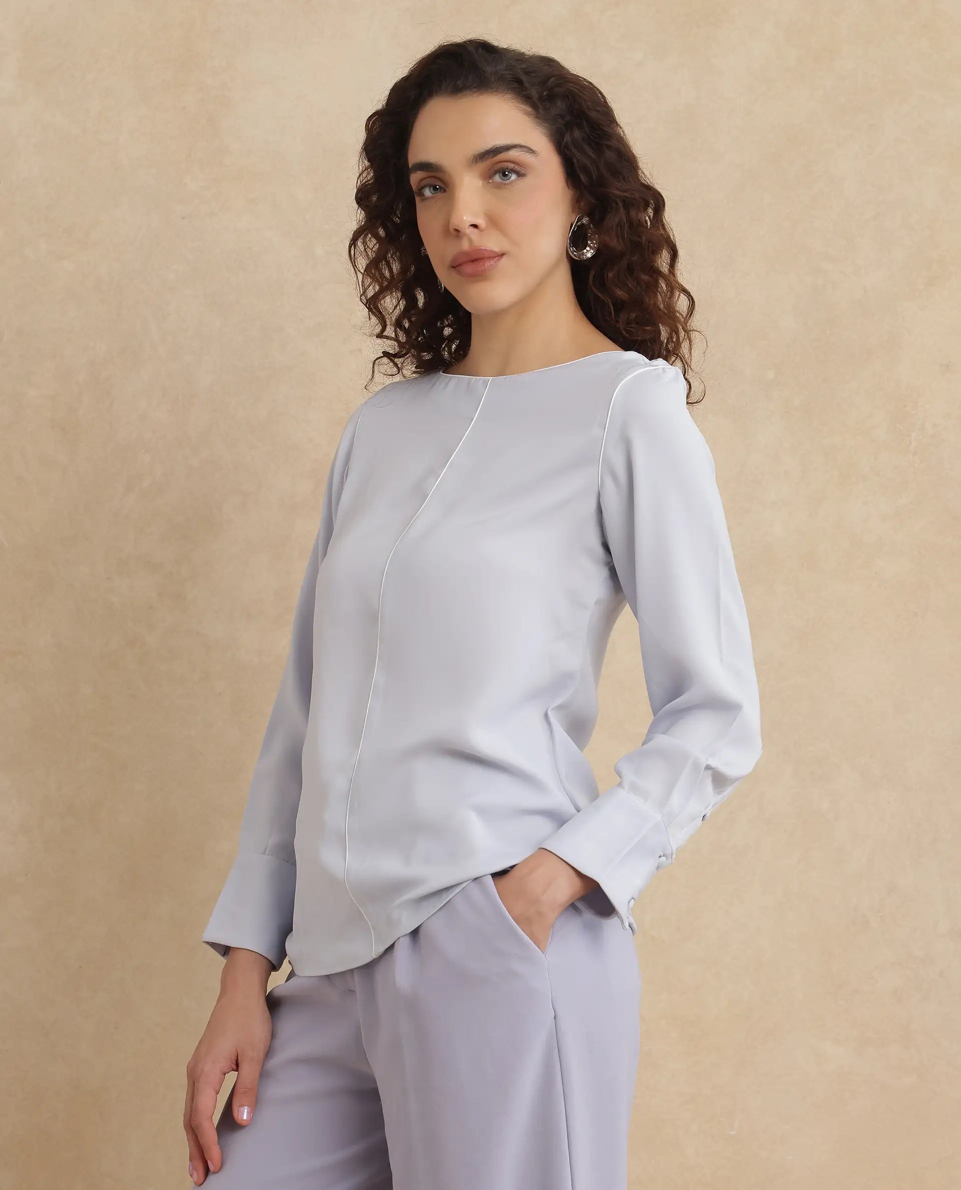 Rareism Women Pidet Blue Satin Cuffed Sleeves Boat Neck Button Closure Plain Top