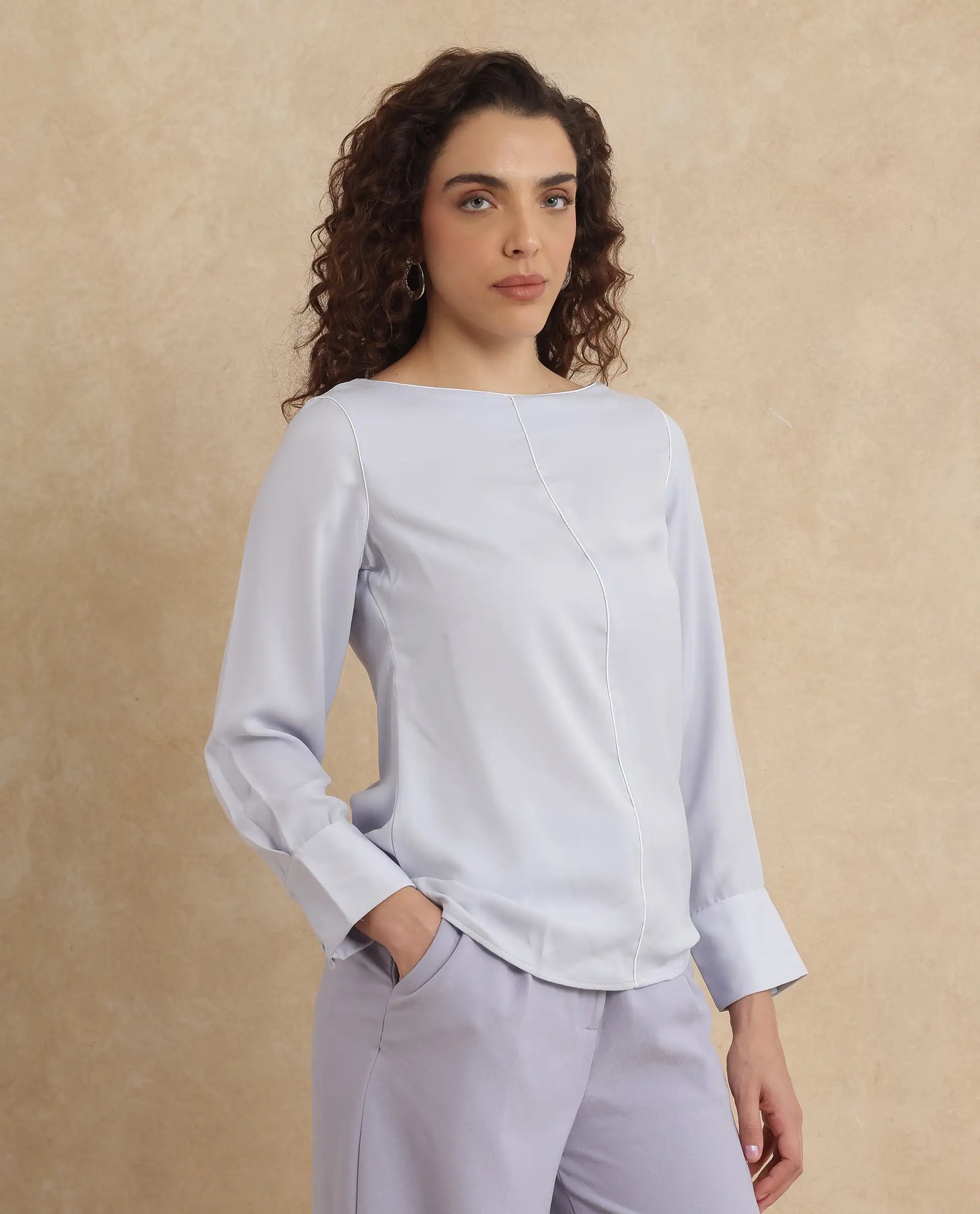 Rareism Women Pidet Blue Satin Cuffed Sleeves Boat Neck Button Closure Plain Top