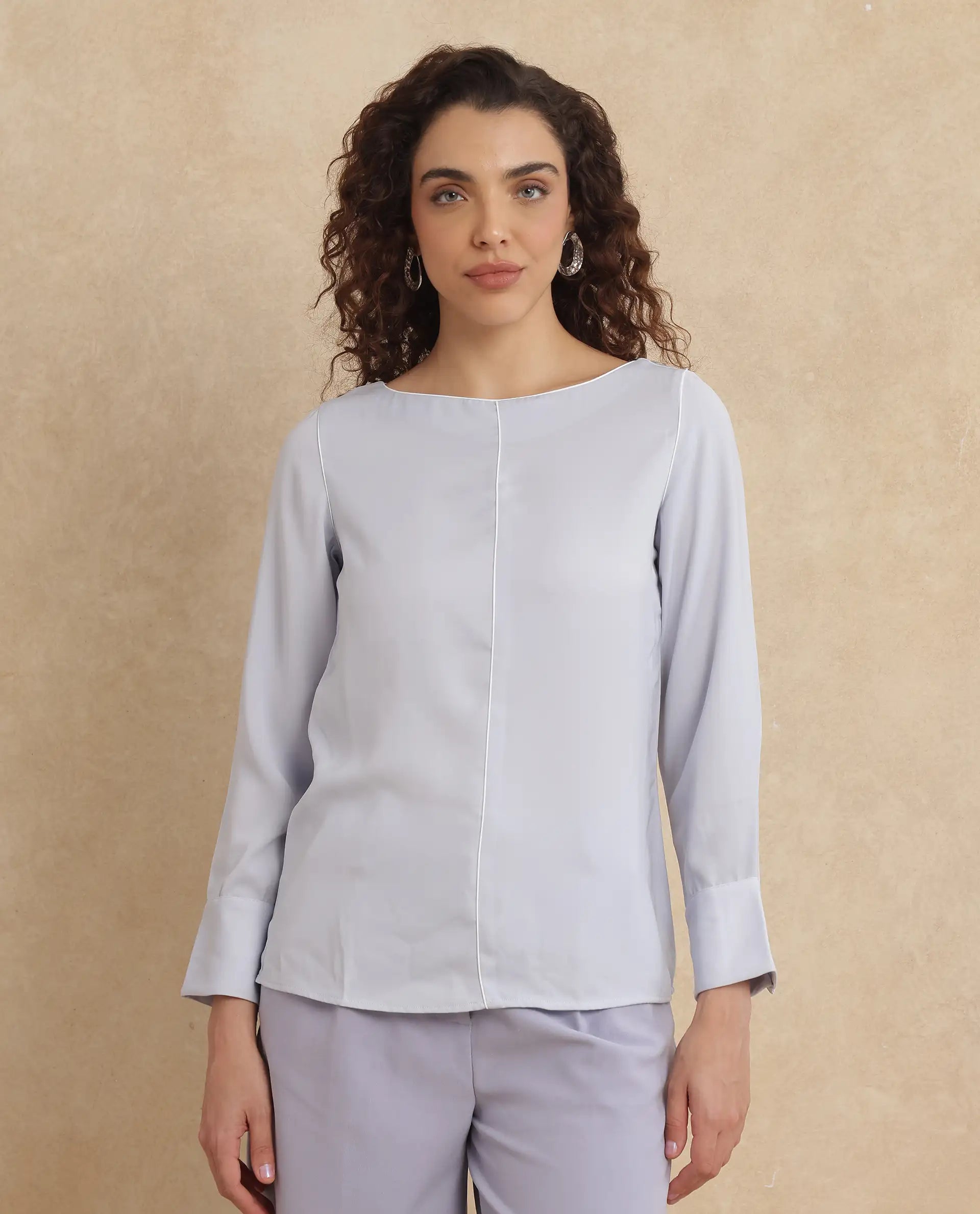 Rareism Women Pidet Blue Satin Cuffed Sleeves Boat Neck Button Closure Plain Top