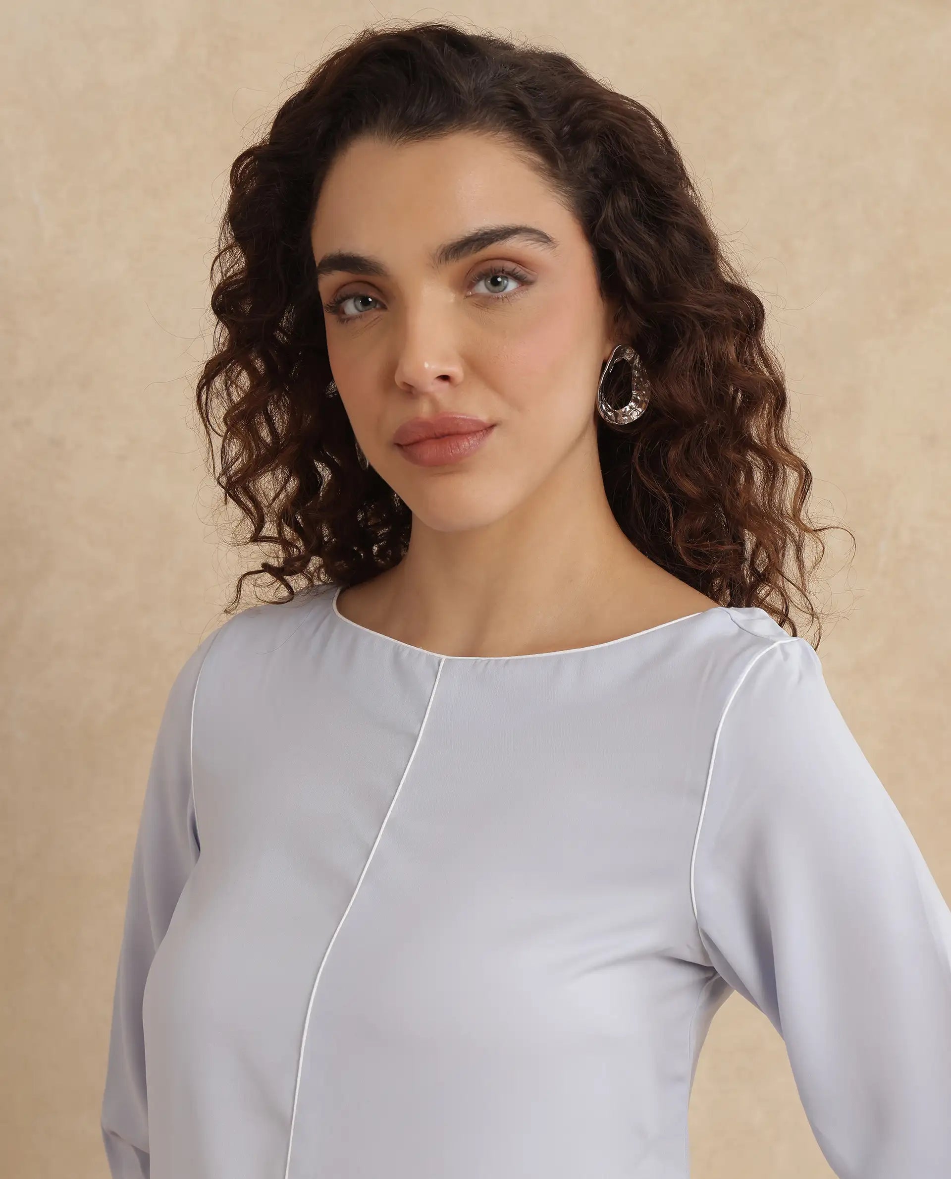 Rareism Women Pidet Blue Satin Cuffed Sleeves Boat Neck Button Closure Plain Top