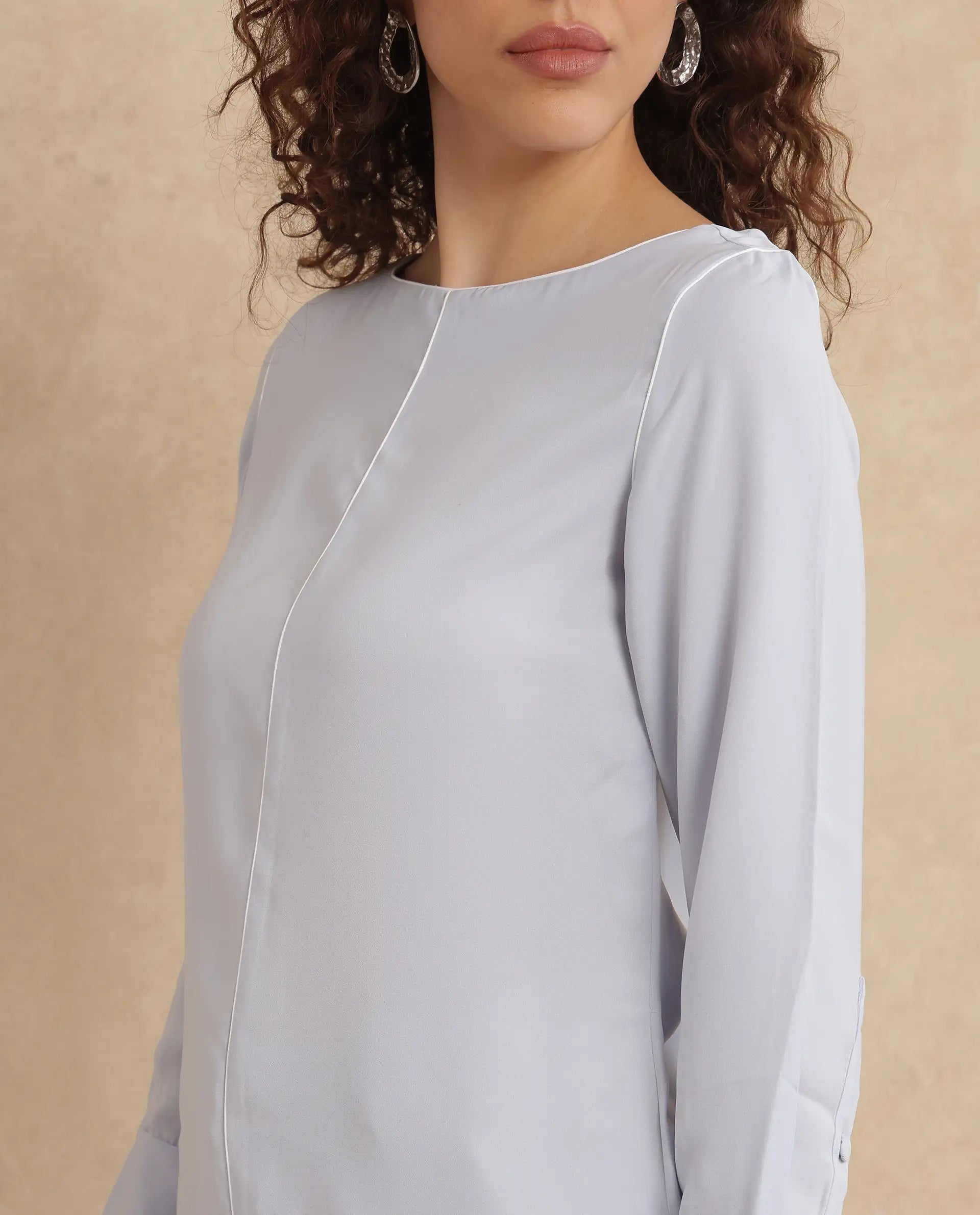 Rareism Women Pidet Blue Satin Cuffed Sleeves Boat Neck Button Closure Plain Top