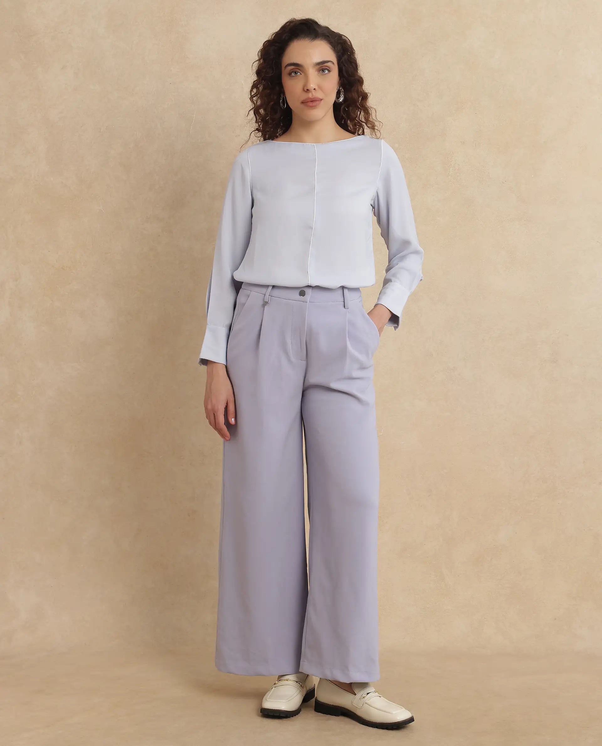 Rareism Women Pidet Blue Satin Cuffed Sleeves Boat Neck Button Closure Plain Top