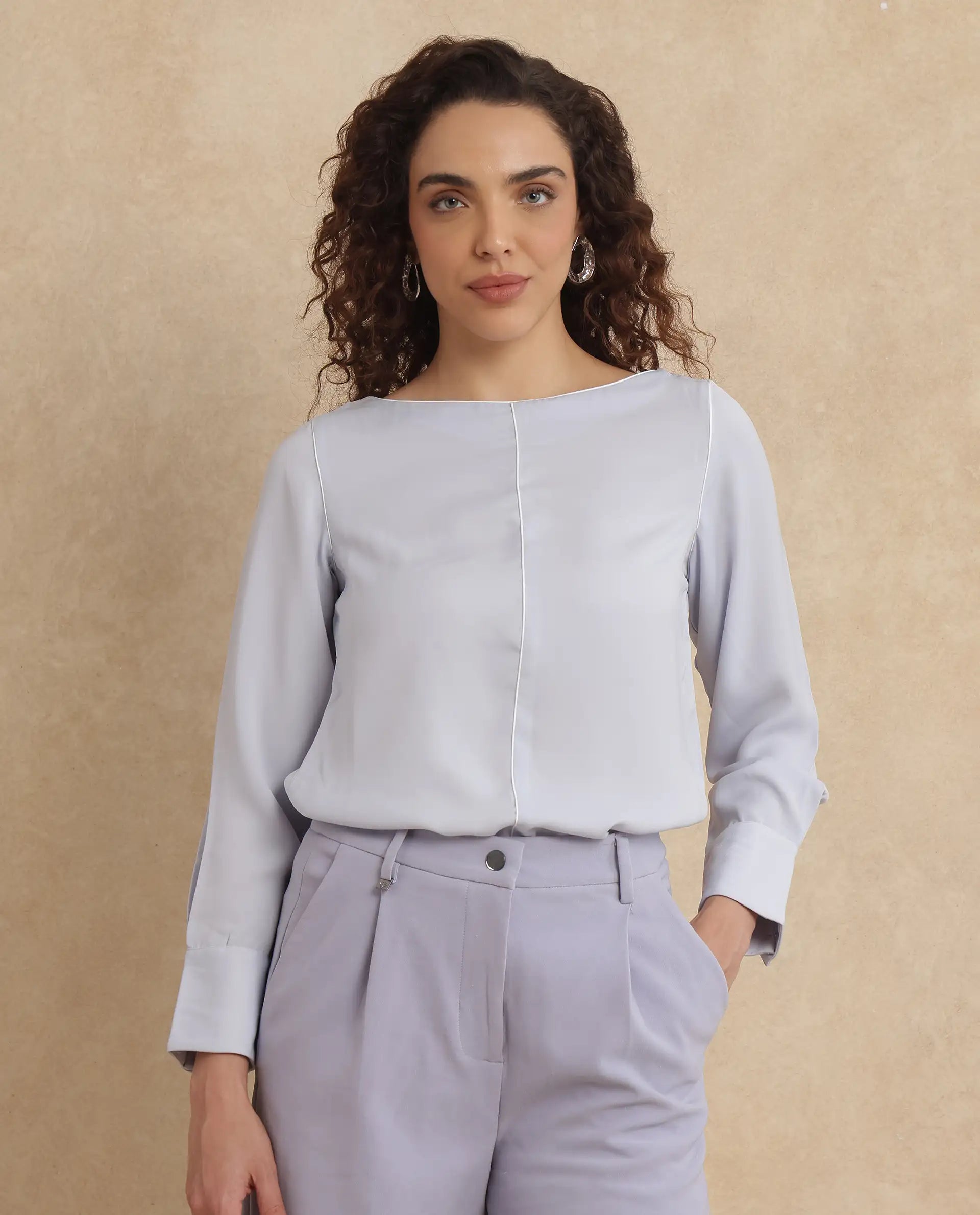 Rareism Women Pidet Blue Satin Cuffed Sleeves Boat Neck Button Closure Plain Top