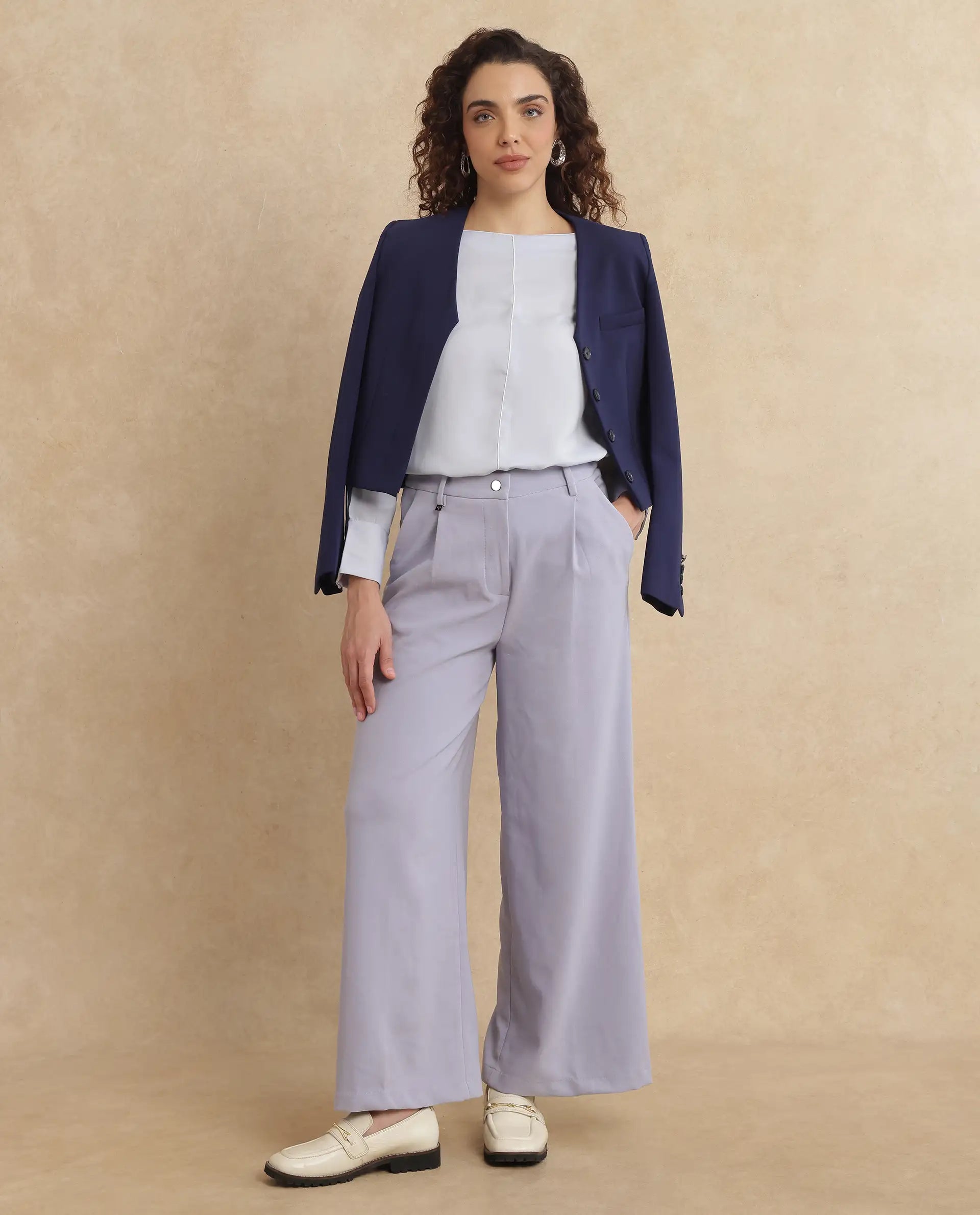 Rareism Women Pidet Blue Satin Cuffed Sleeves Boat Neck Button Closure Plain Top