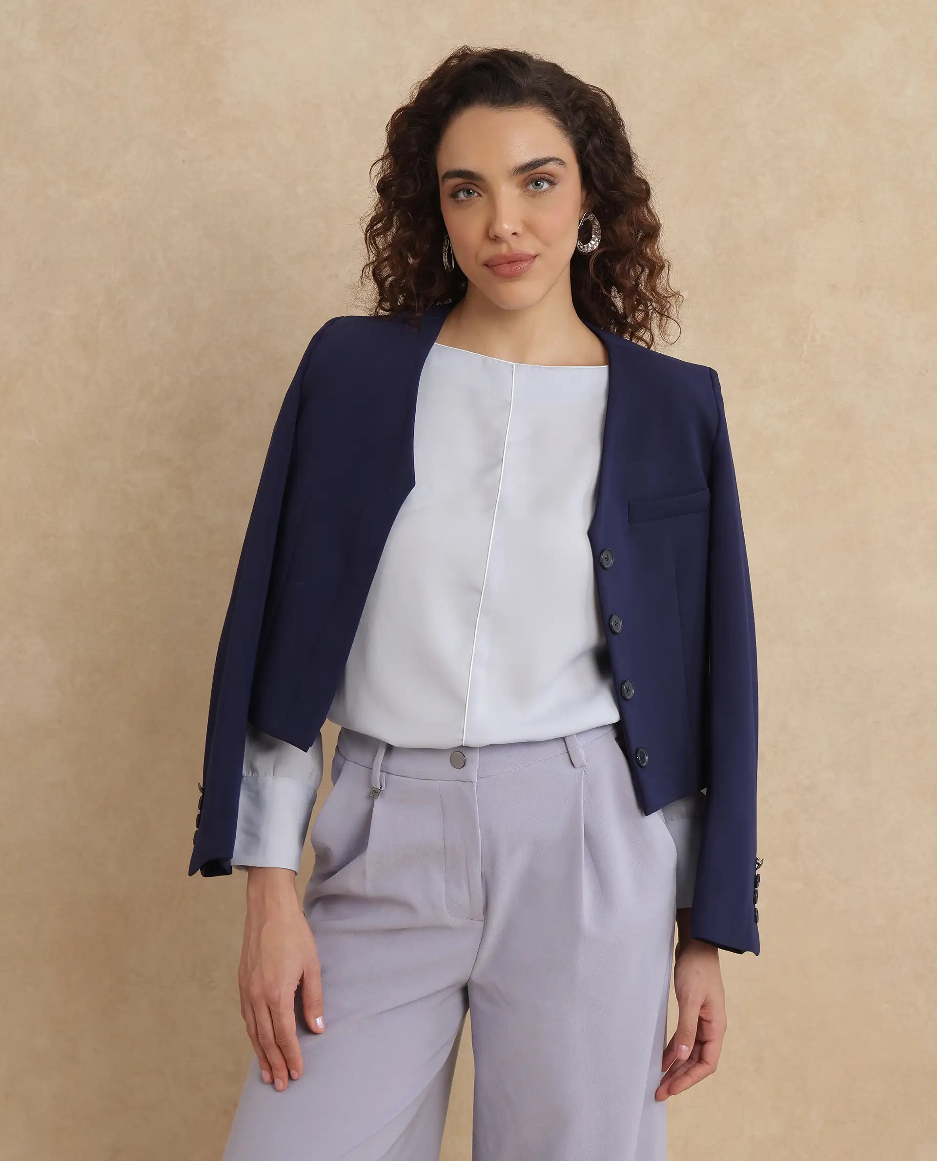 Rareism Women Pidet Blue Satin Cuffed Sleeves Boat Neck Button Closure Plain Top