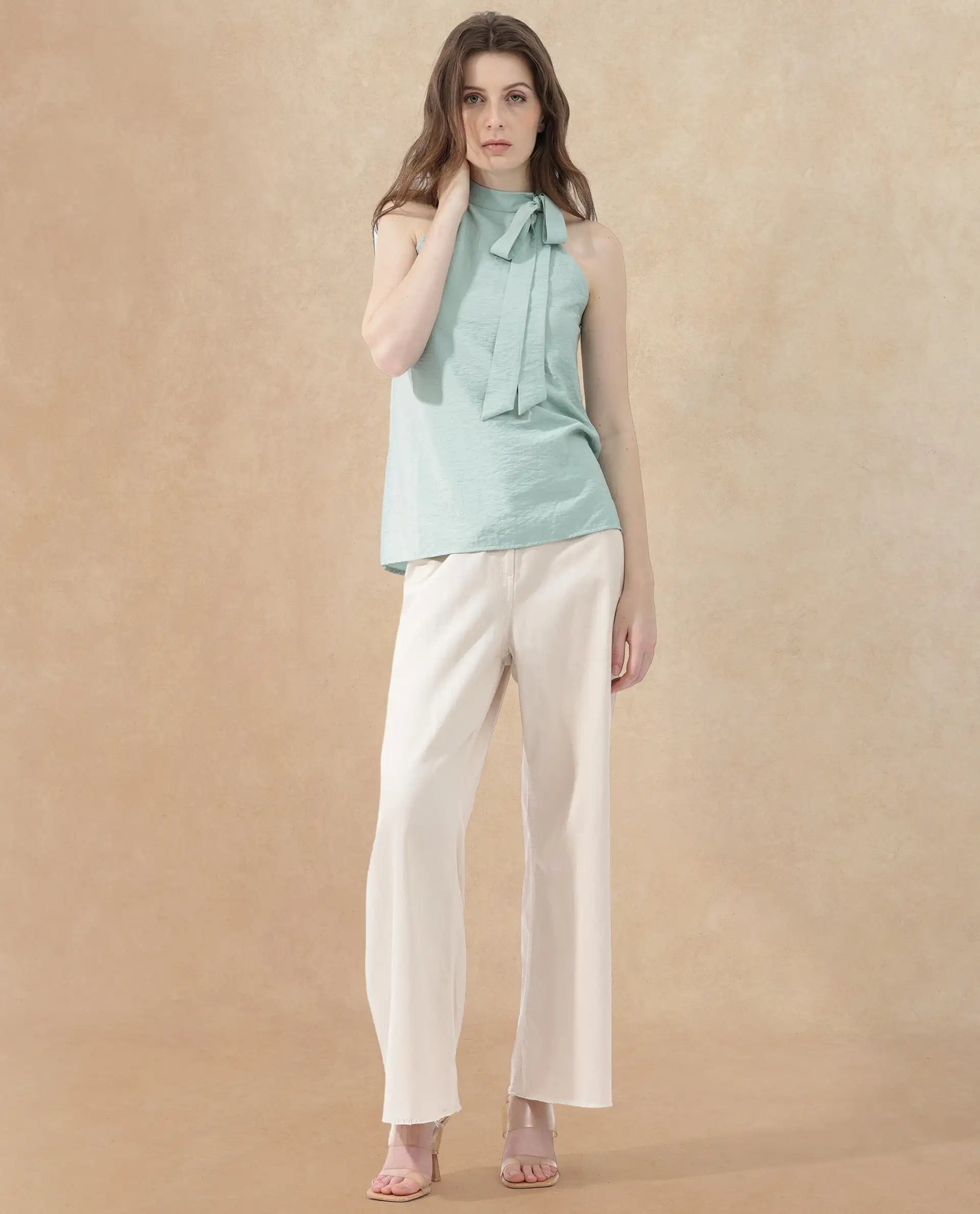 Rareism Women Pinnacle Green Viscose Blend Fabric Button Closure Halter Neck Sleeveless Regular Fit Plain Top