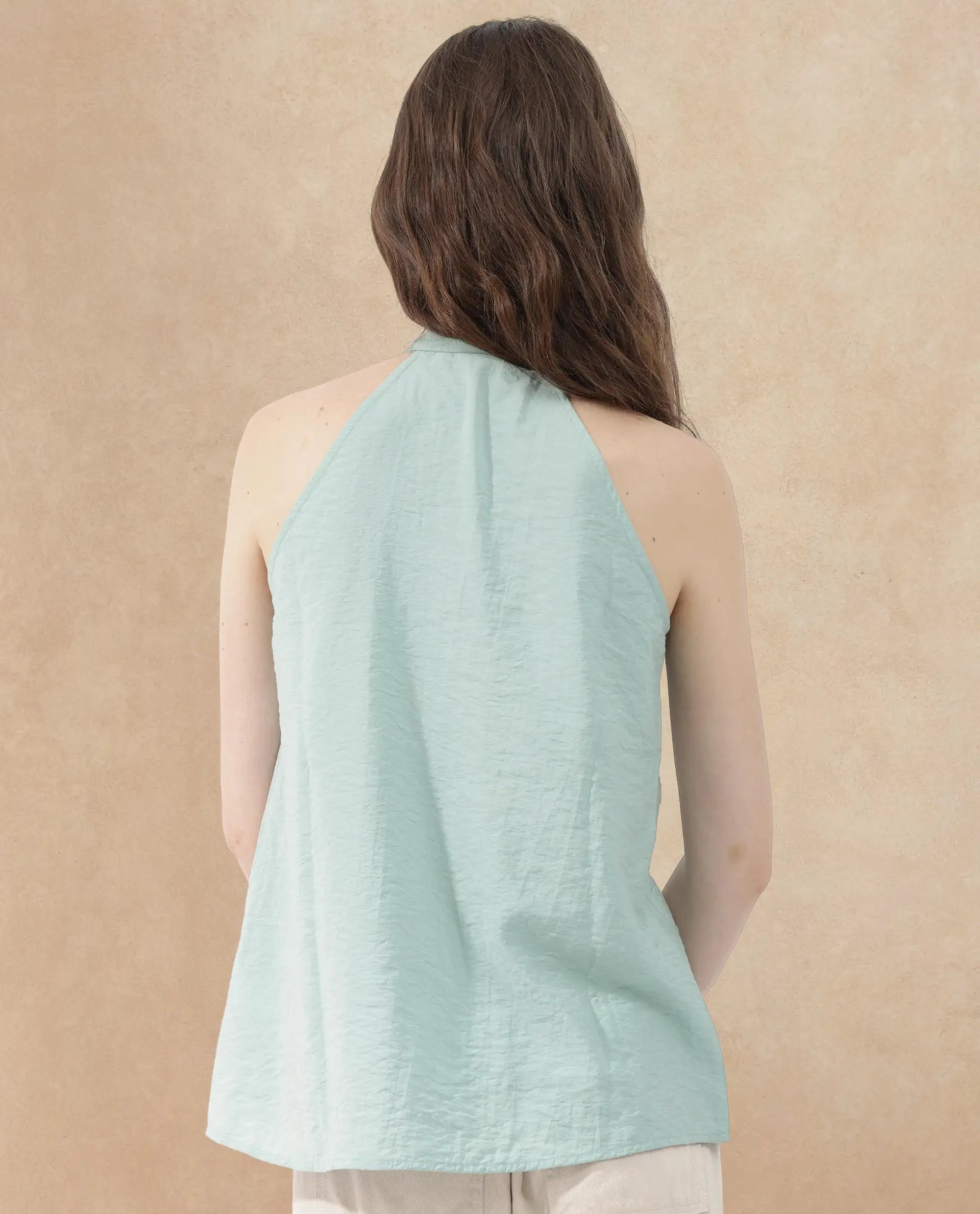 Rareism Women Pinnacle Green Viscose Blend Fabric Button Closure Halter Neck Sleeveless Regular Fit Plain Top