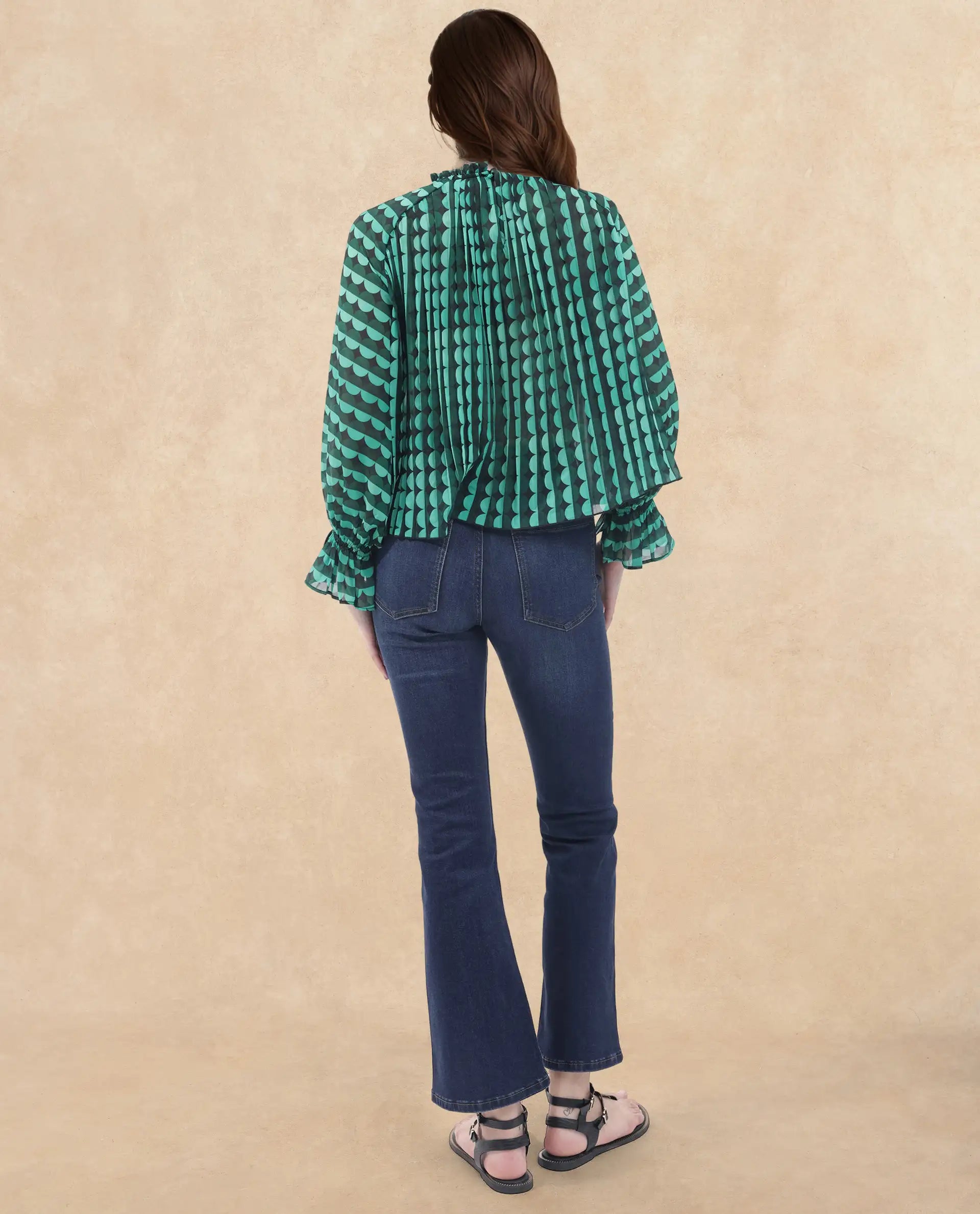 Rareism Women Poehler Black Polyester Fabric Full Sleeve Collared Neck Printed Regular Length Top