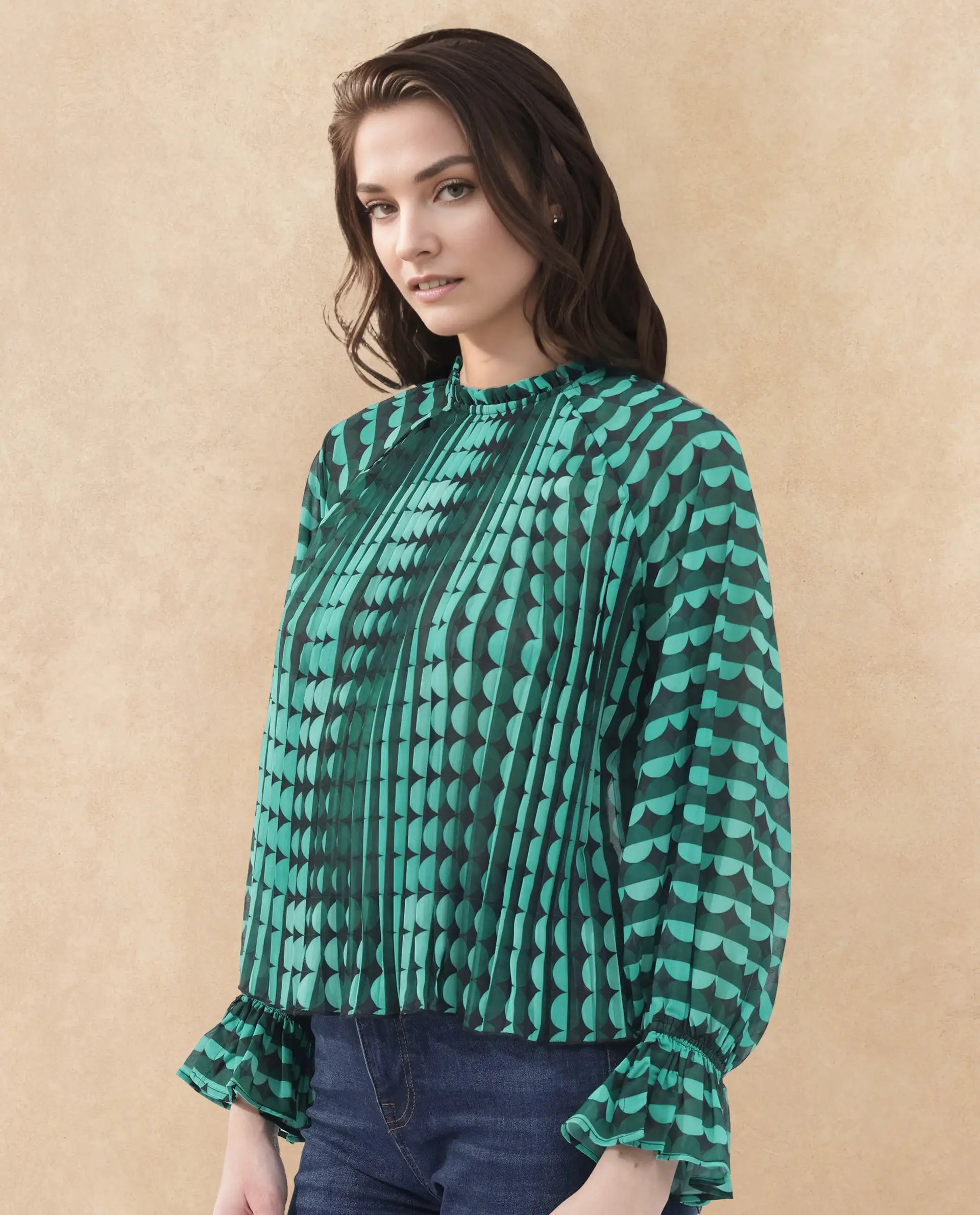 Rareism Women Poehler Black Polyester Fabric Full Sleeve Collared Neck Printed Regular Length Top