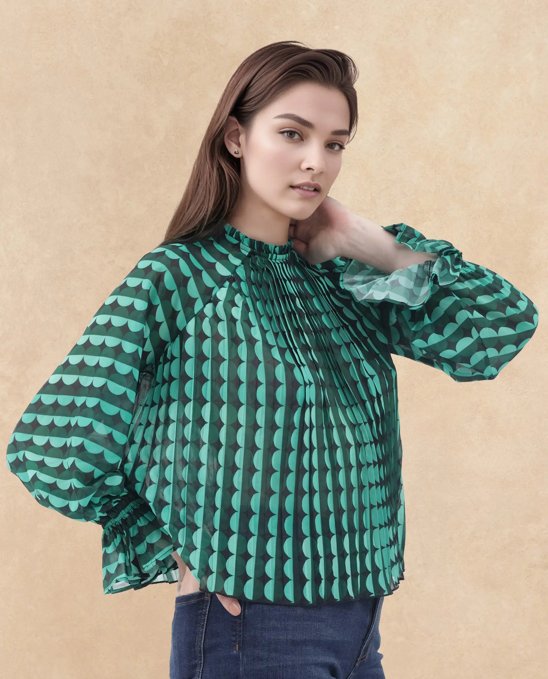 Rareism Women Poehler Black Polyester Fabric Full Sleeve Collared Neck Printed Regular Length Top