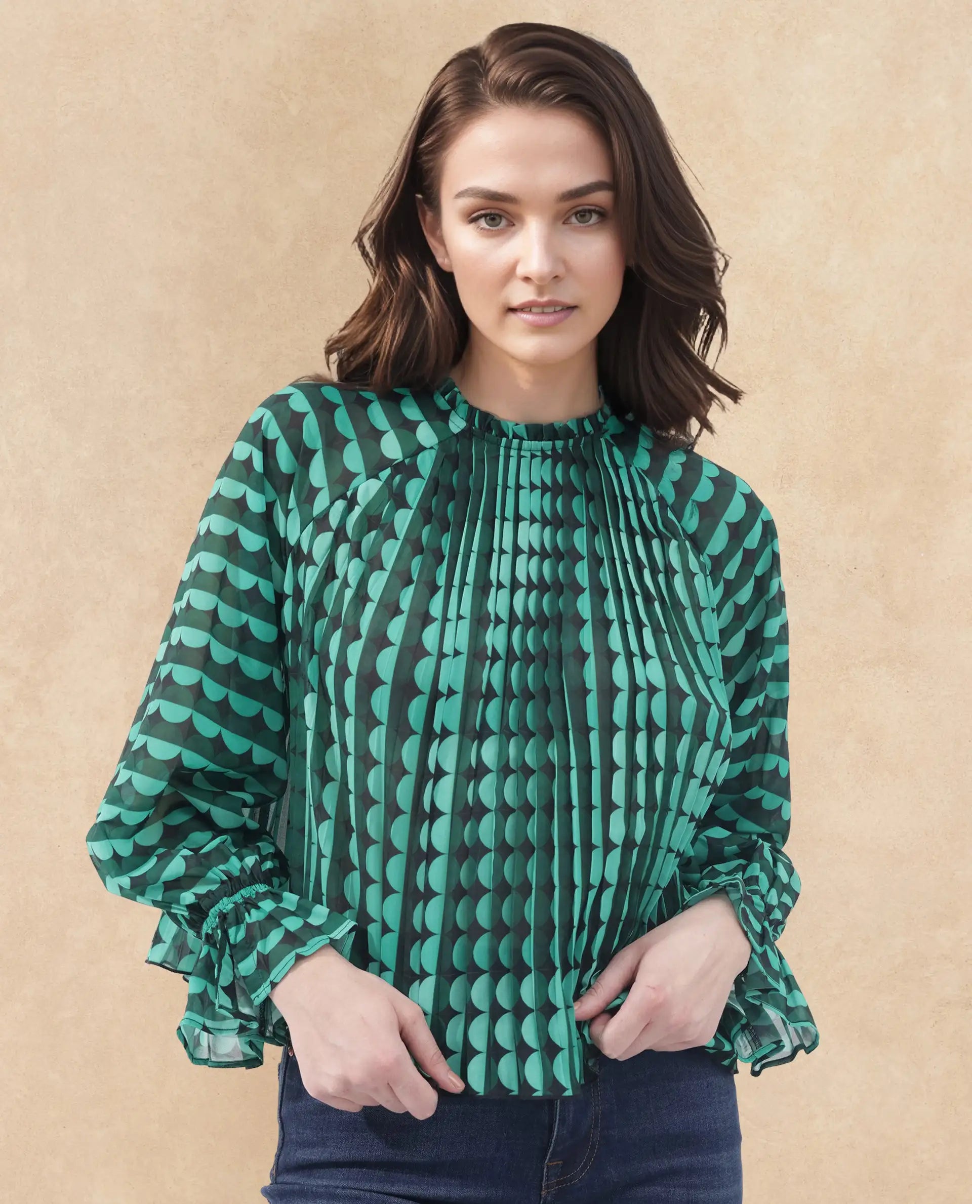 Rareism Women Poehler Black Polyester Fabric Full Sleeve Collared Neck Printed Regular Length Top