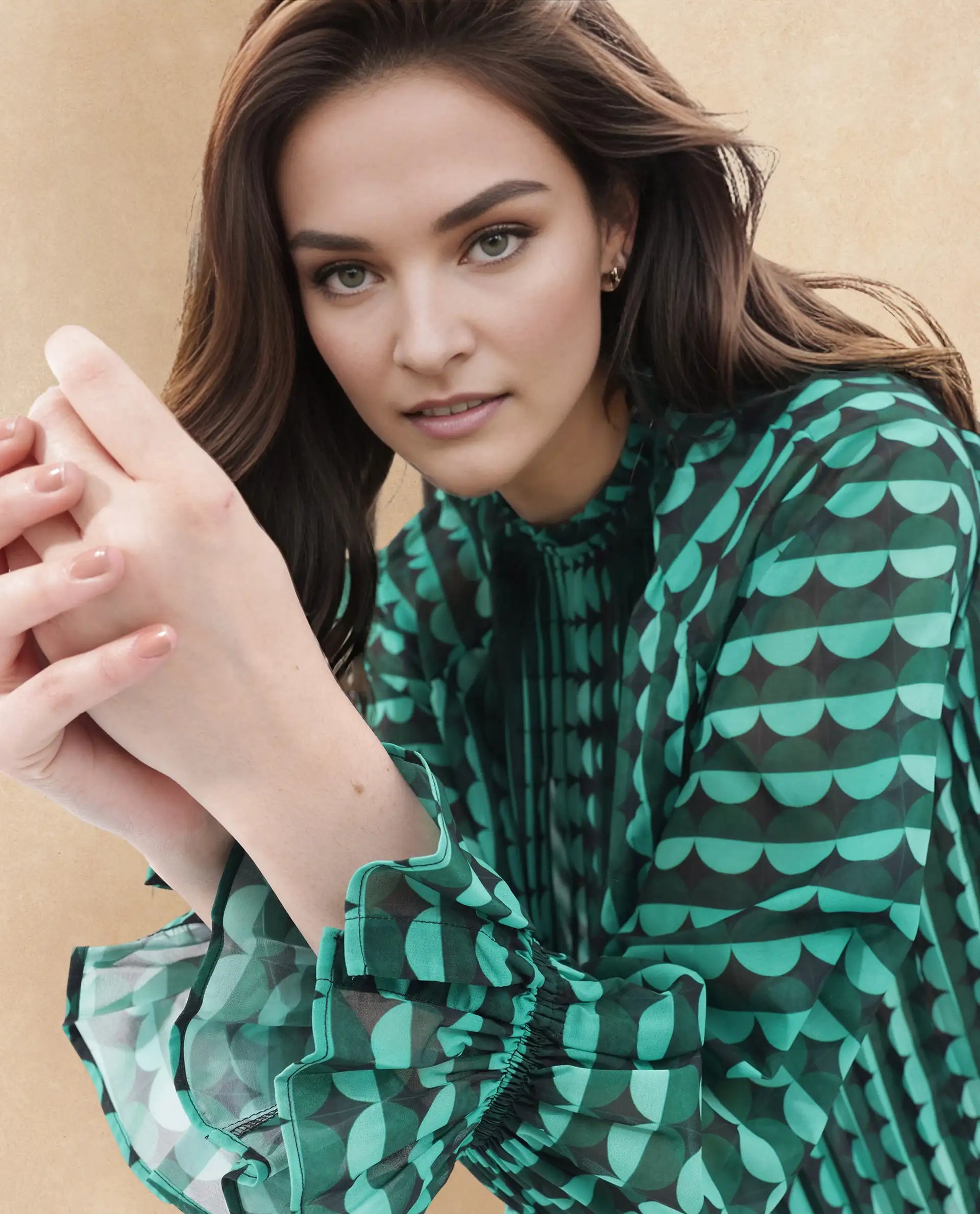 Rareism Women Poehler Black Polyester Fabric Full Sleeve Collared Neck Printed Regular Length Top