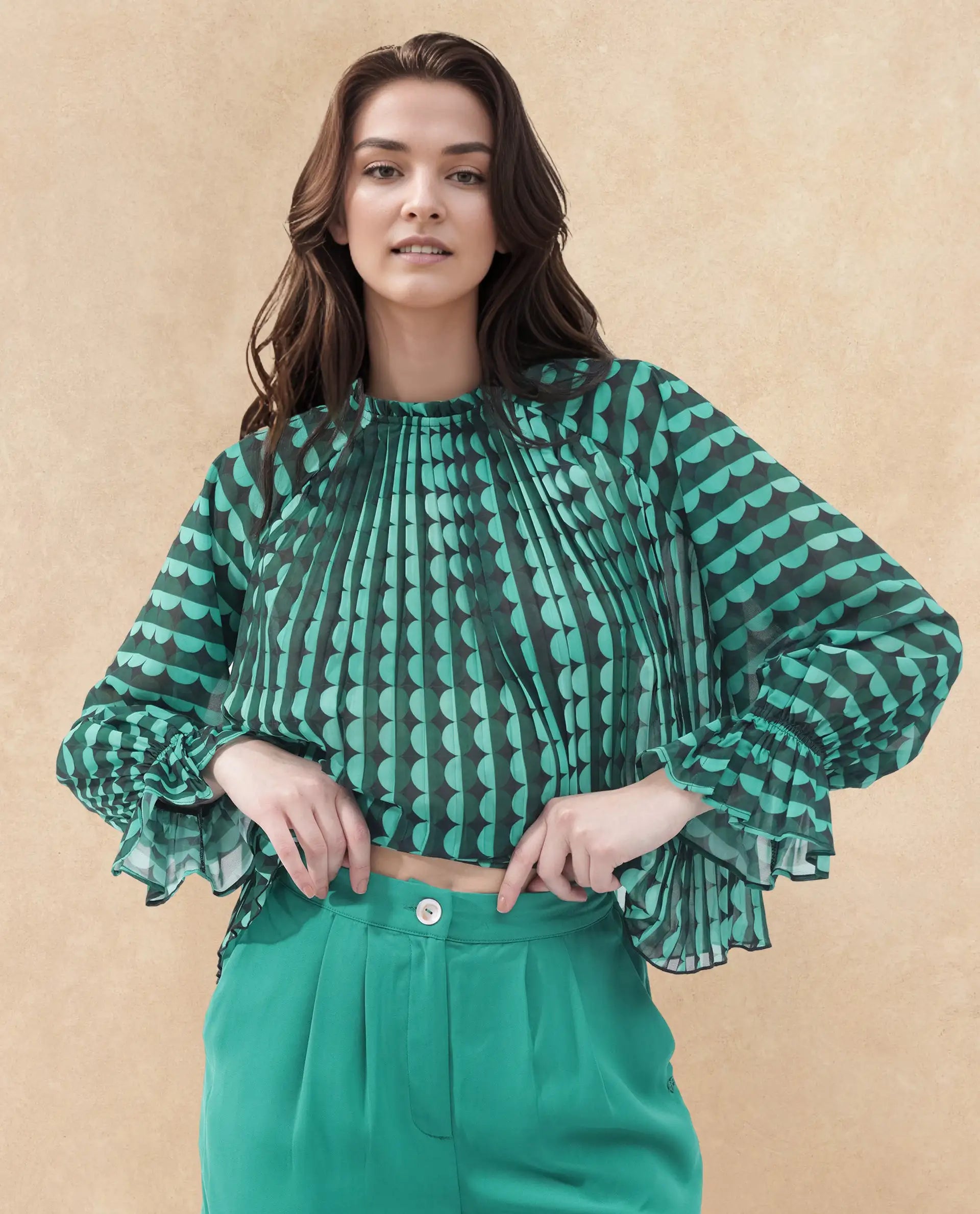 Rareism Women Poehler Black Polyester Fabric Full Sleeve Collared Neck Printed Regular Length Top