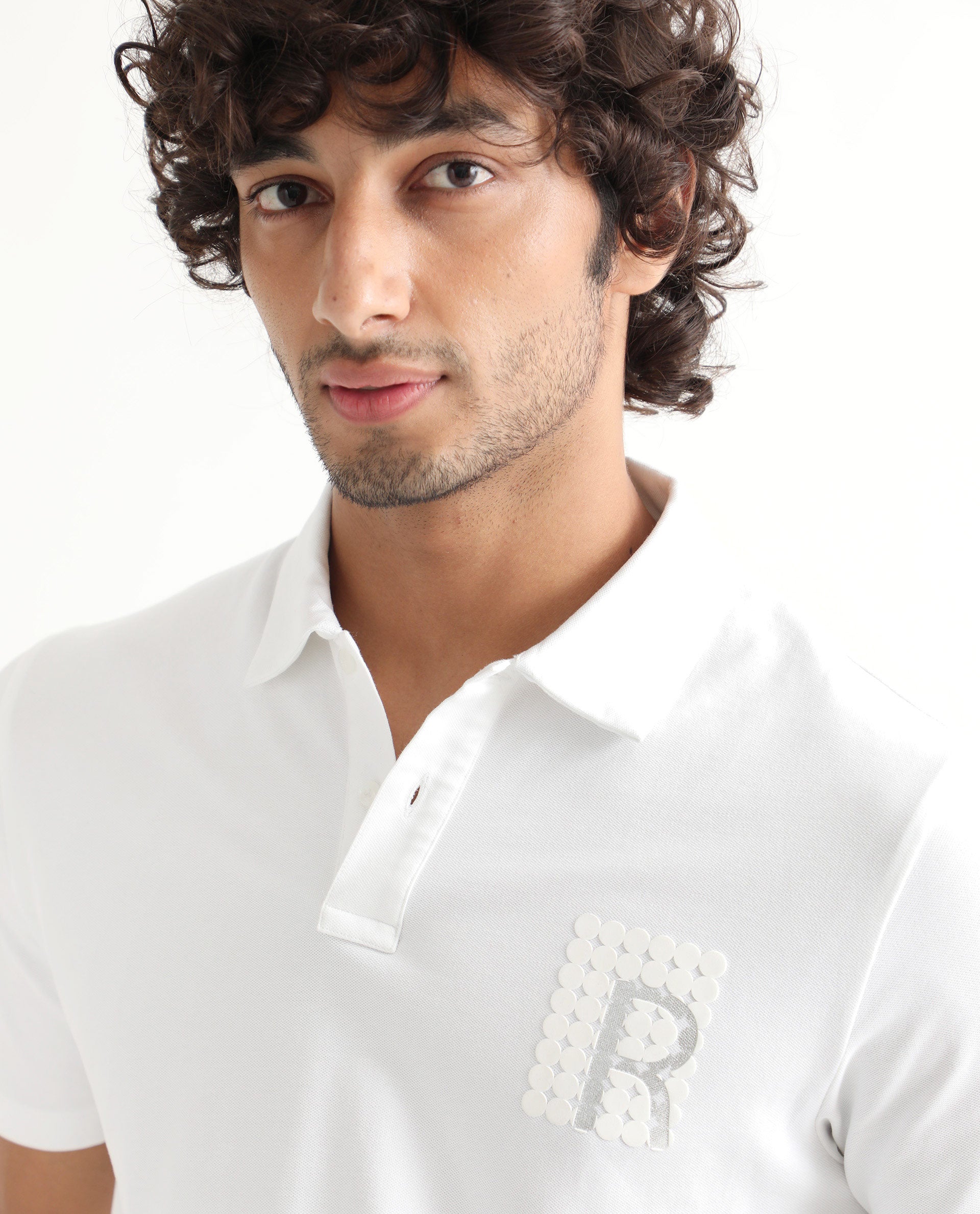 Rare Rabbit Men's Poka White Cotton Lycra Fabric Collared Neck Half Sleeves Polo T-Shirt