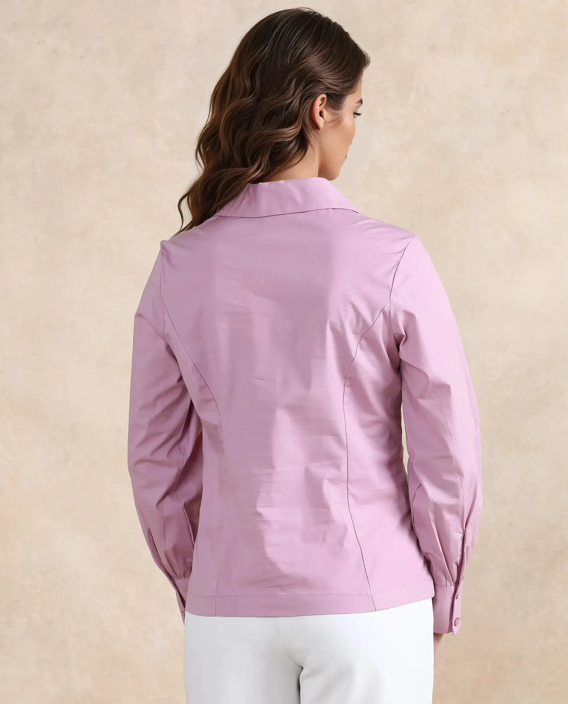 Rareism Women Pomogra Light Pink Cotton Fabric Cuffed Sleeve Jonny Collar Zipper Closure Plain Top