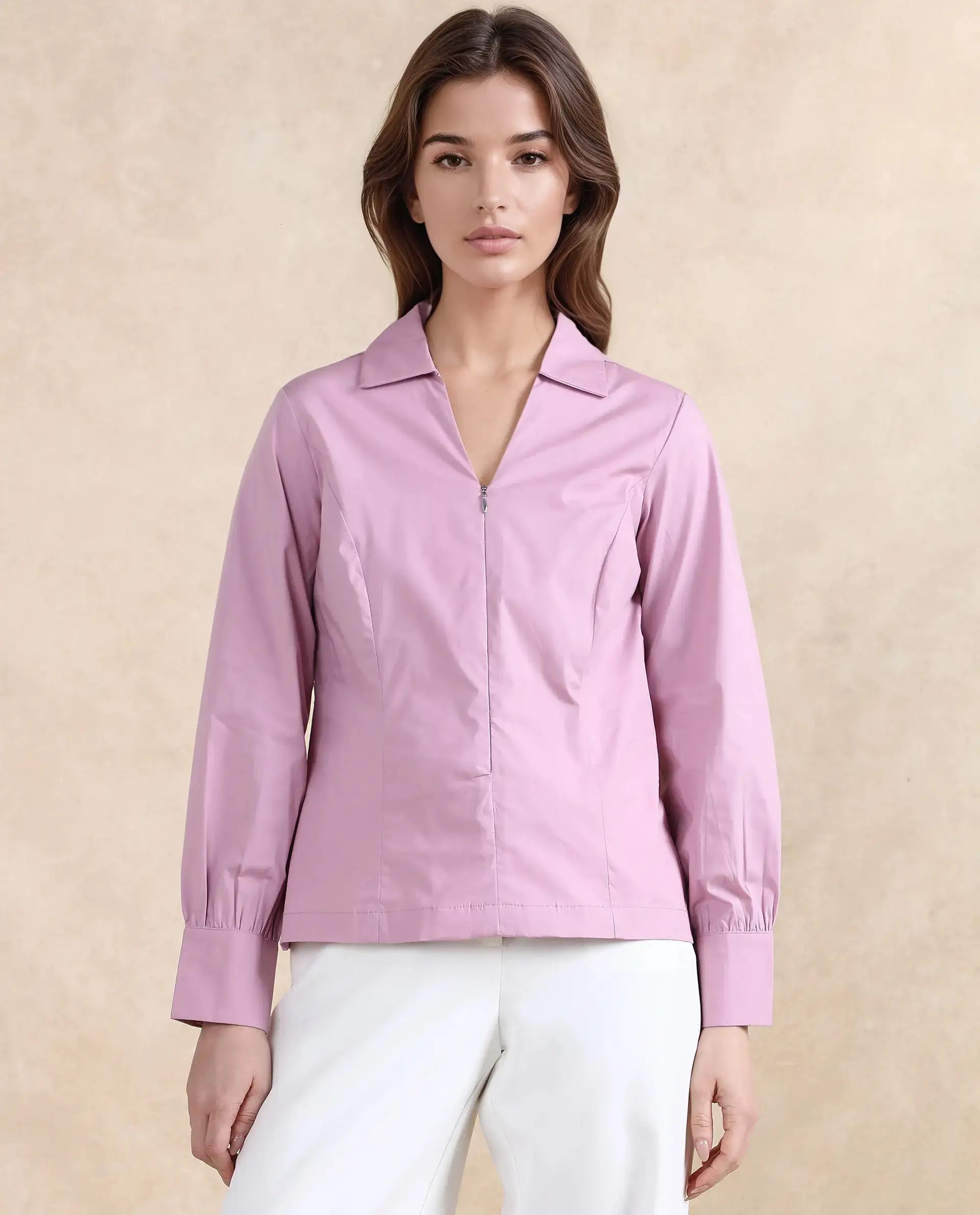 Rareism Women Pomogra Light Pink Cotton Fabric Cuffed Sleeve Jonny Collar Zipper Closure Plain Top